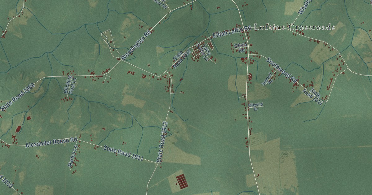 Close-up of streets and buildings in Southwood, North Carolina