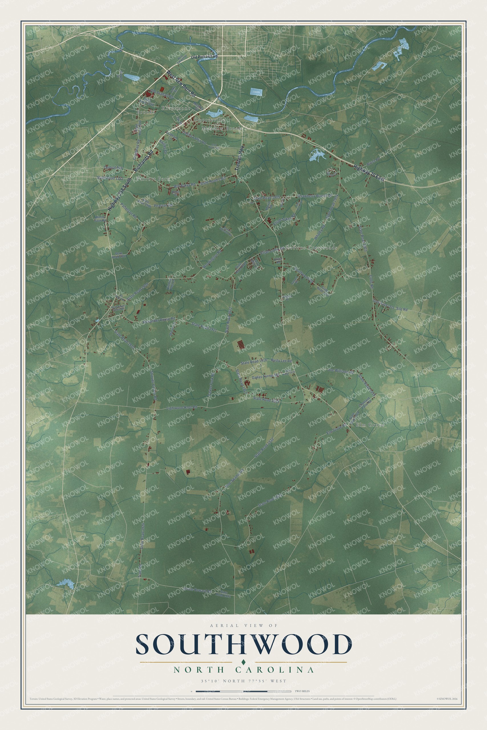 Full map of Southwood, North Carolina, with red buildings, printed street names and the land around them