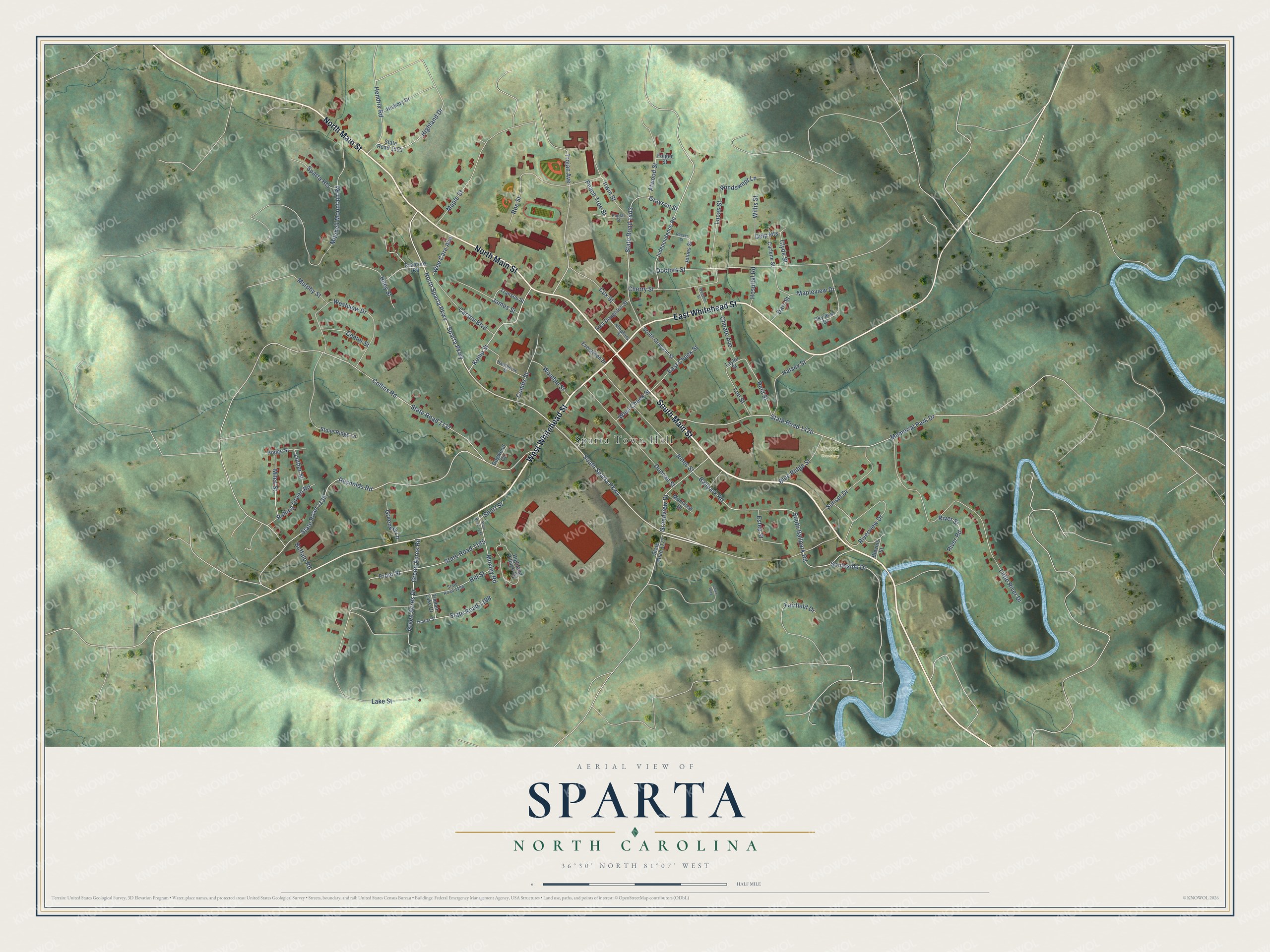 Full map of Sparta, North Carolina, with red buildings, printed street names and the land around them