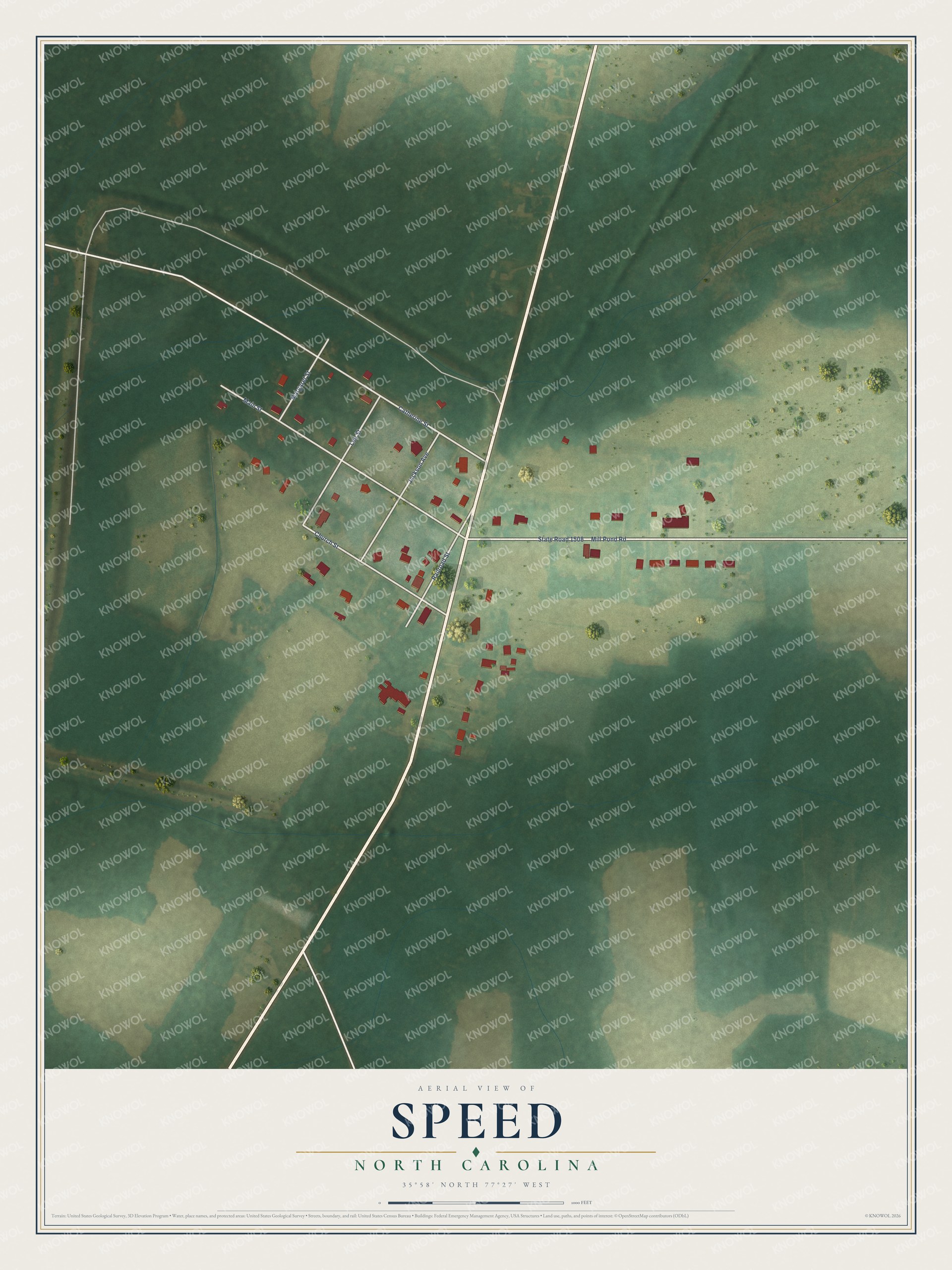 Full map of Speed, North Carolina, with red buildings, printed street names and the land around them