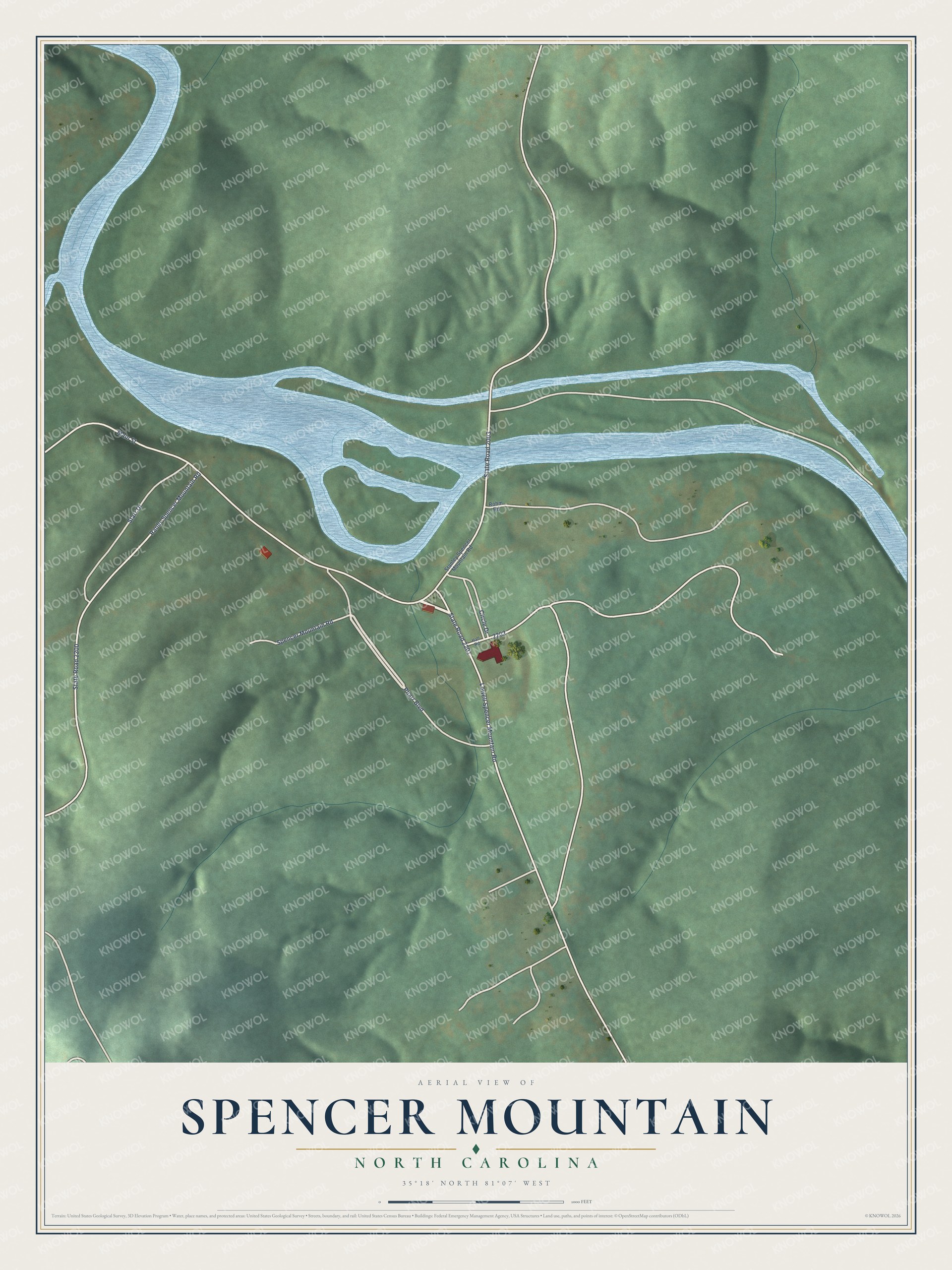 Full map of Spencer Mountain, North Carolina, with red buildings, printed street names and the land around them