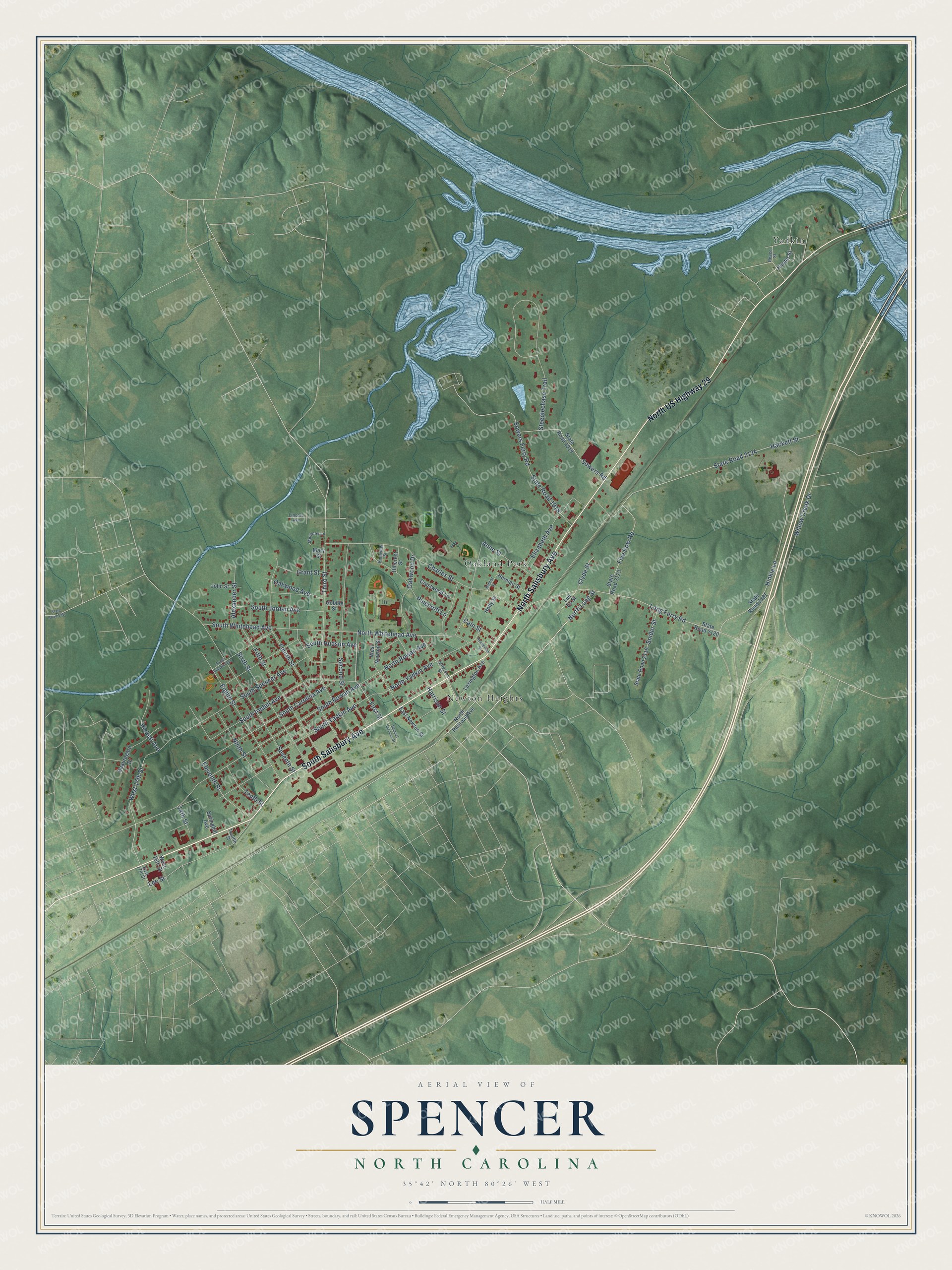 Full map of Spencer, North Carolina, with red buildings, printed street names and the land around them