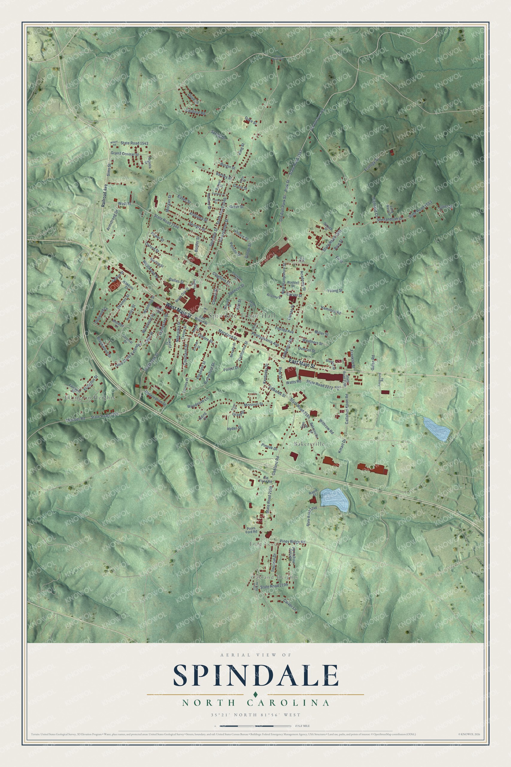 Full map of Spindale, North Carolina, with red buildings, printed street names and the land around them