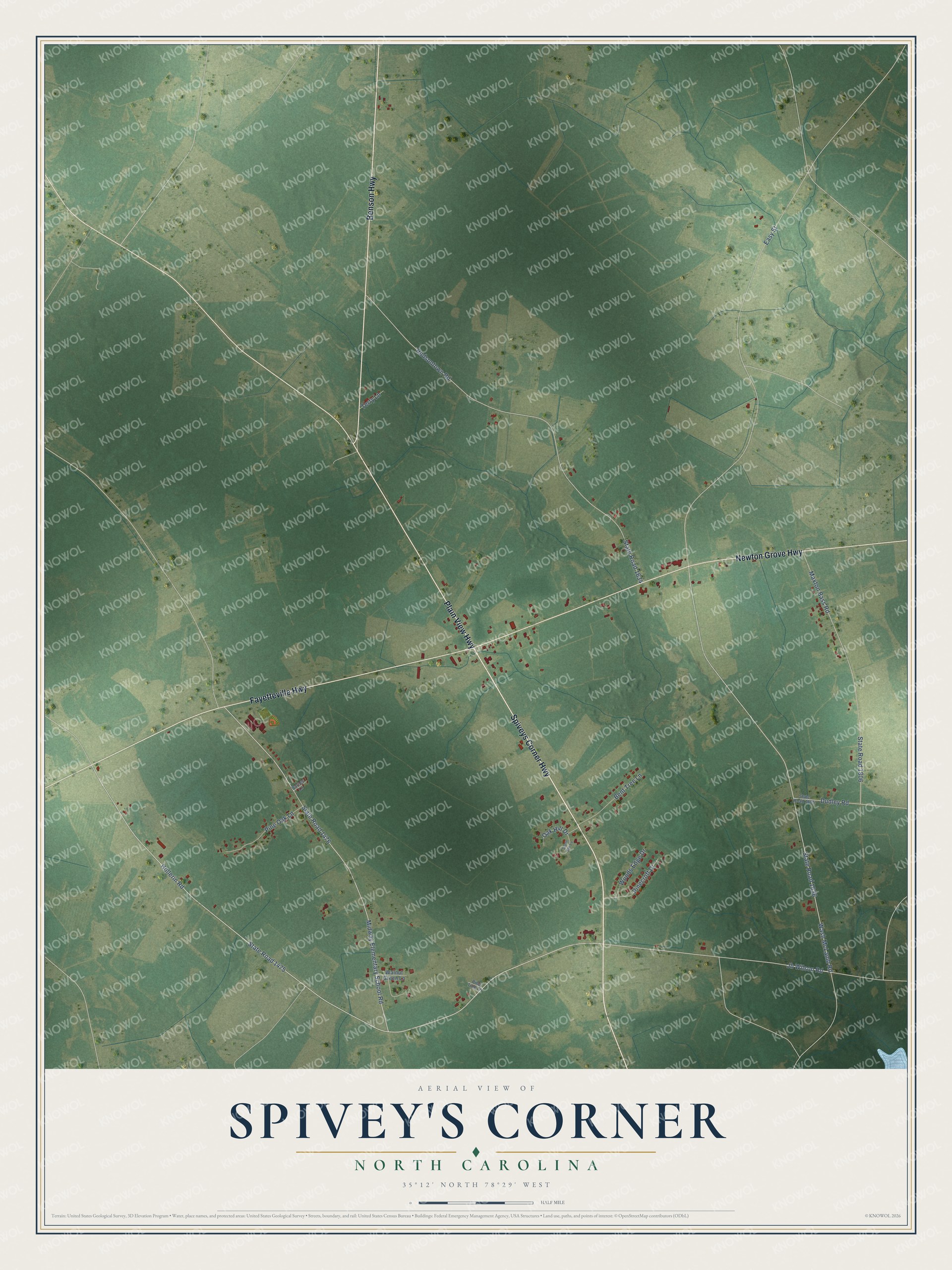 Full map of Spivey's Corner, North Carolina, with red buildings, printed street names and the land around them