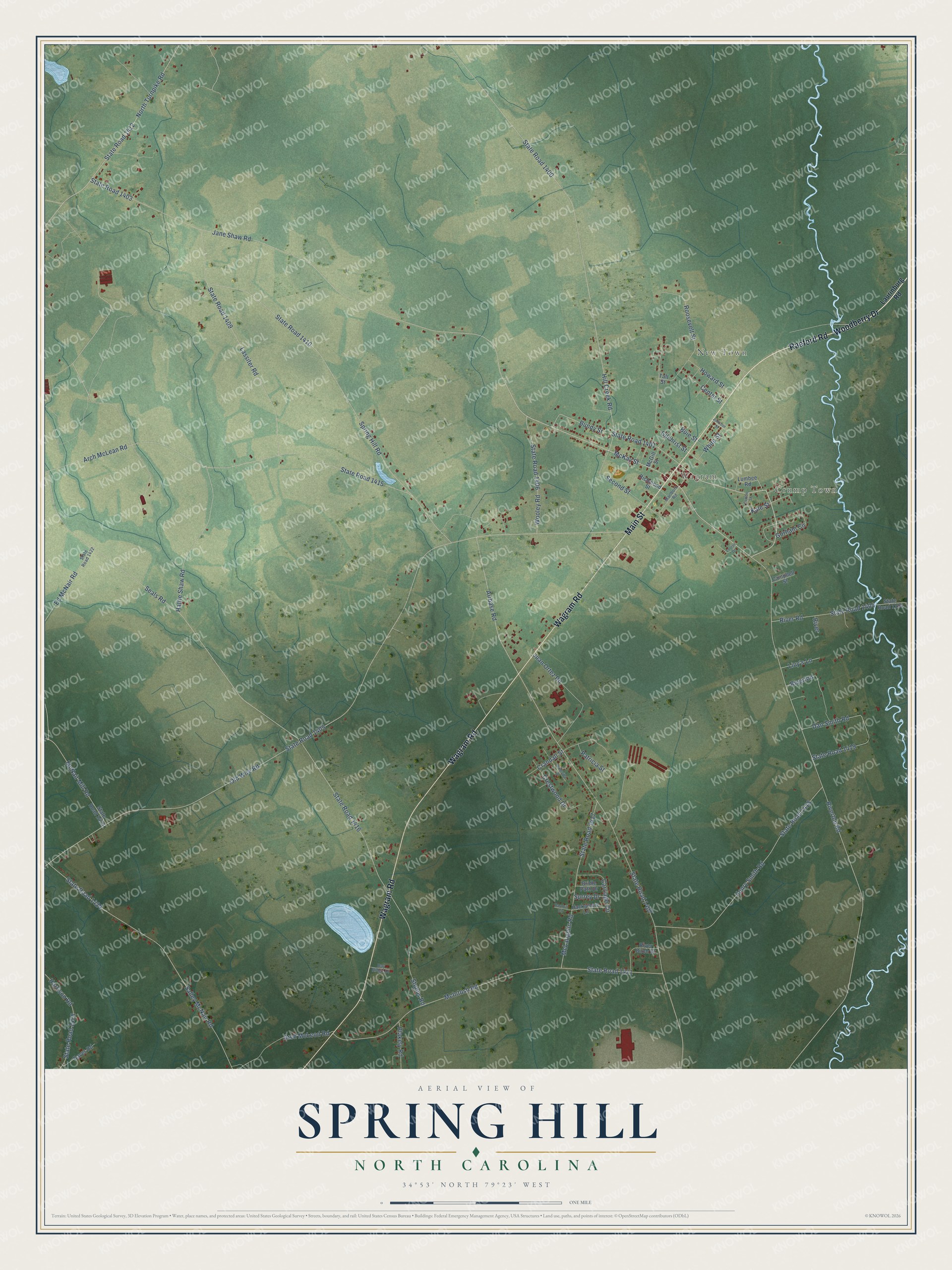 Full map of Spring Hill, North Carolina, with red buildings, printed street names and the land around them
