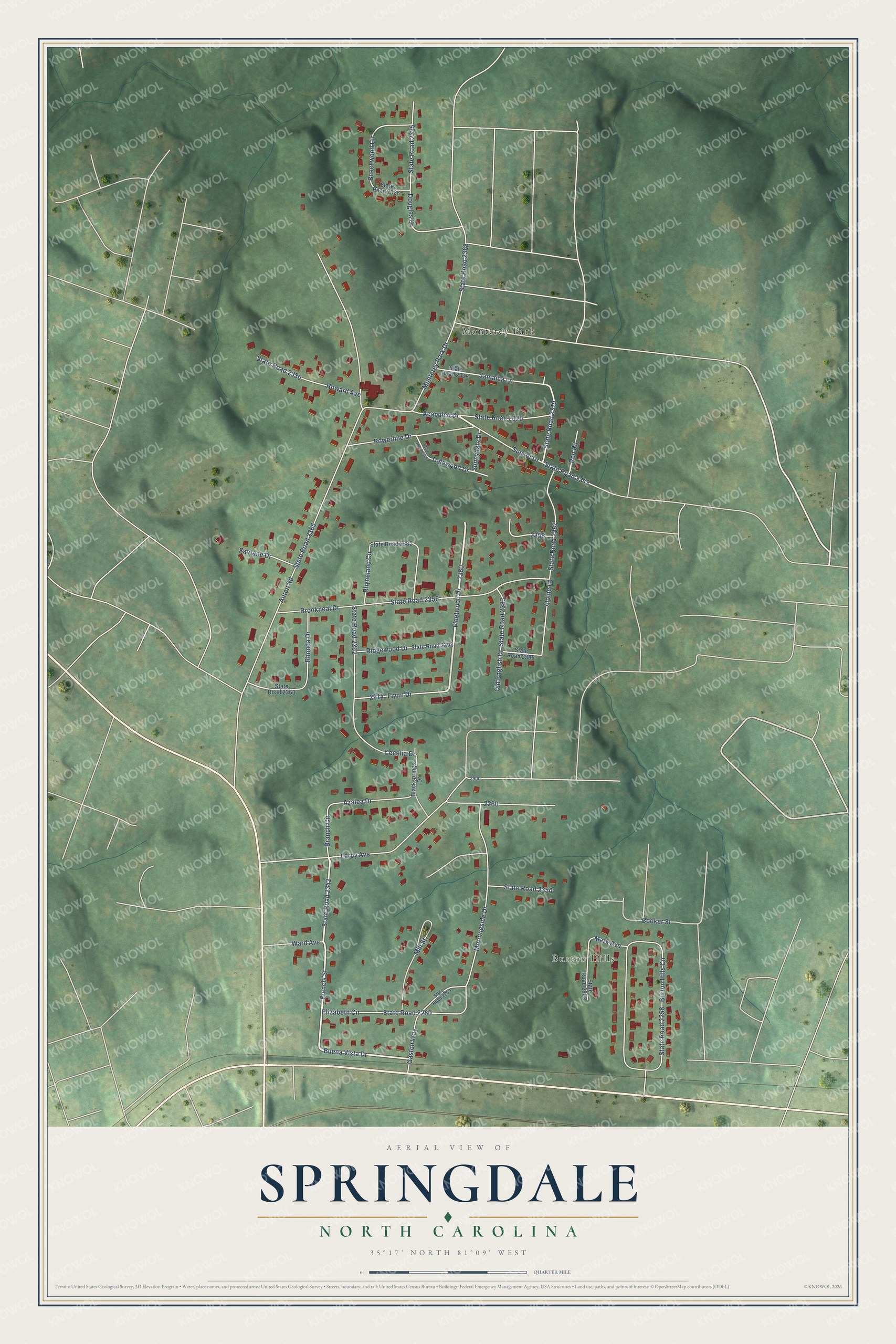 Full map of Springdale, North Carolina, with red buildings, printed street names and the land around them