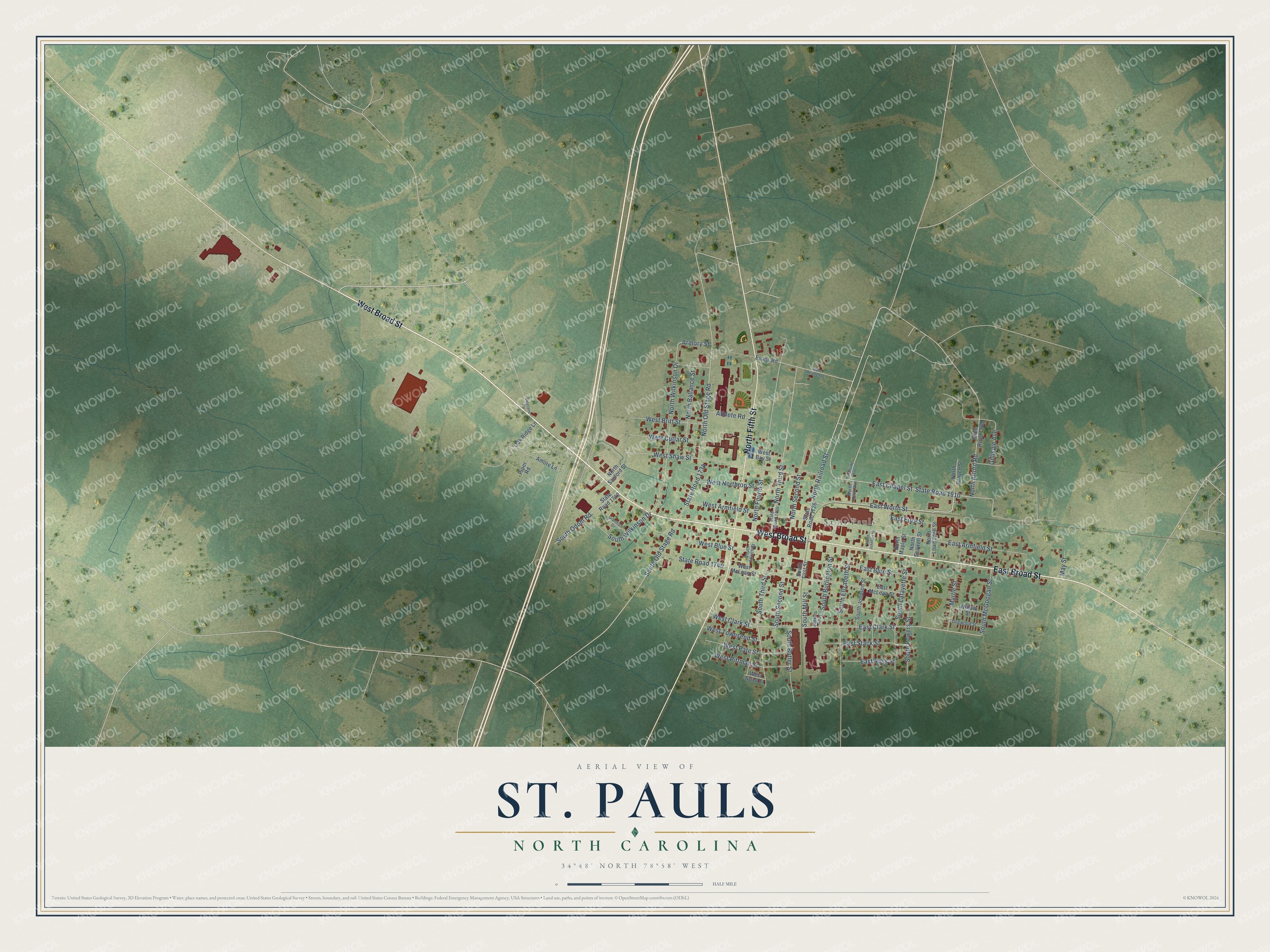 Full map of St. Pauls, North Carolina, with red buildings, printed street names and the land around them