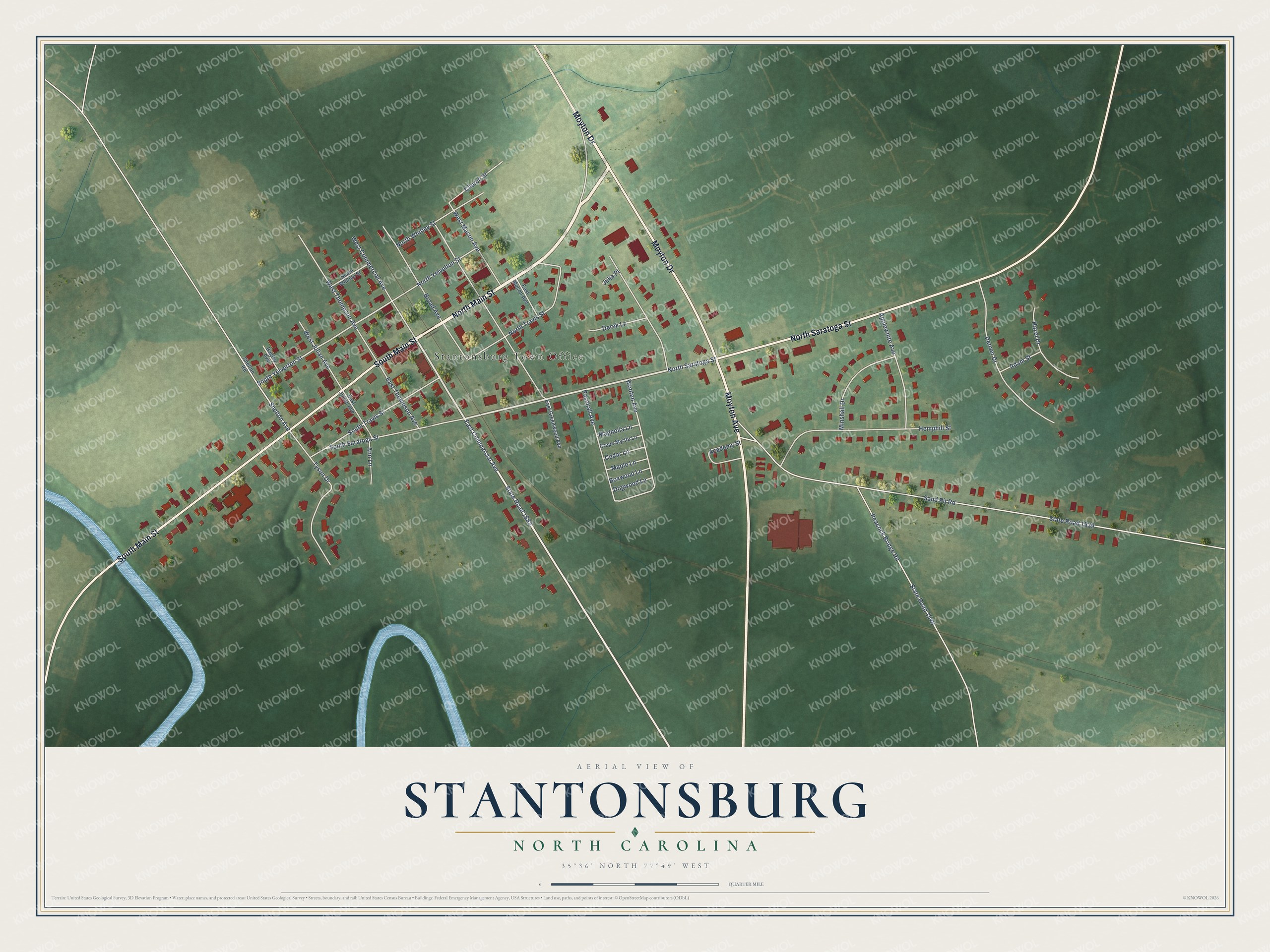 Full map of Stantonsburg, North Carolina, with red buildings, printed street names and the land around them