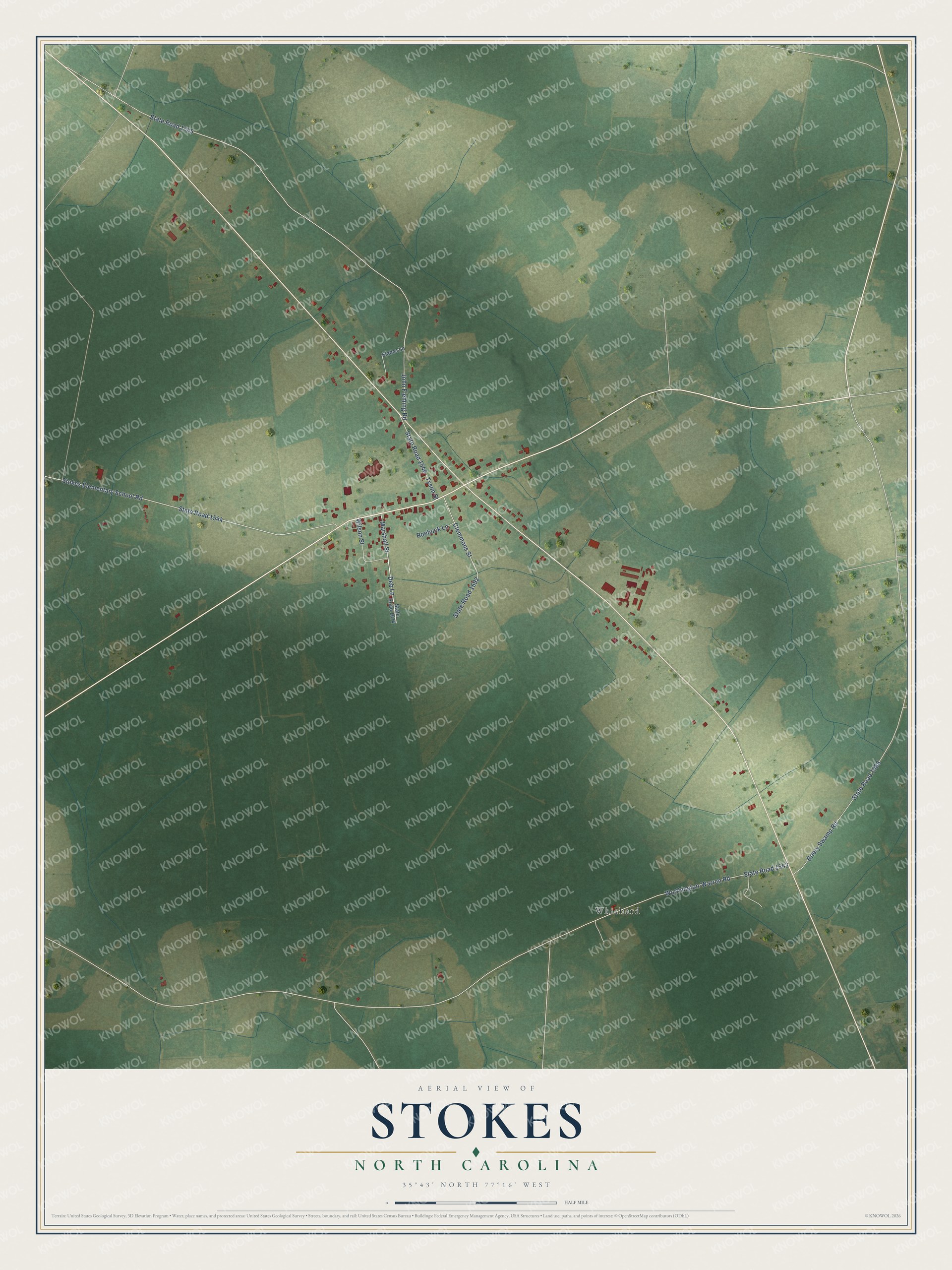 Full map of Stokes, North Carolina, with red buildings, printed street names and the land around them
