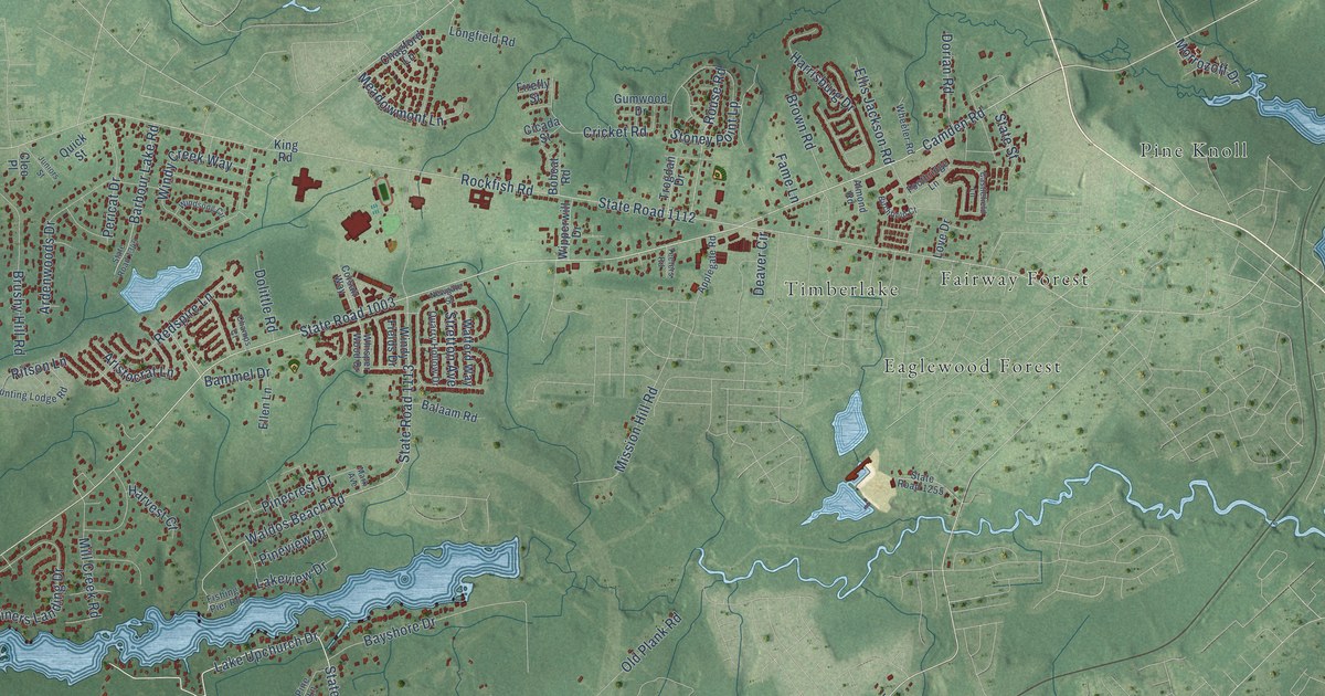 Close-up of streets and buildings in Stoney Point, North Carolina