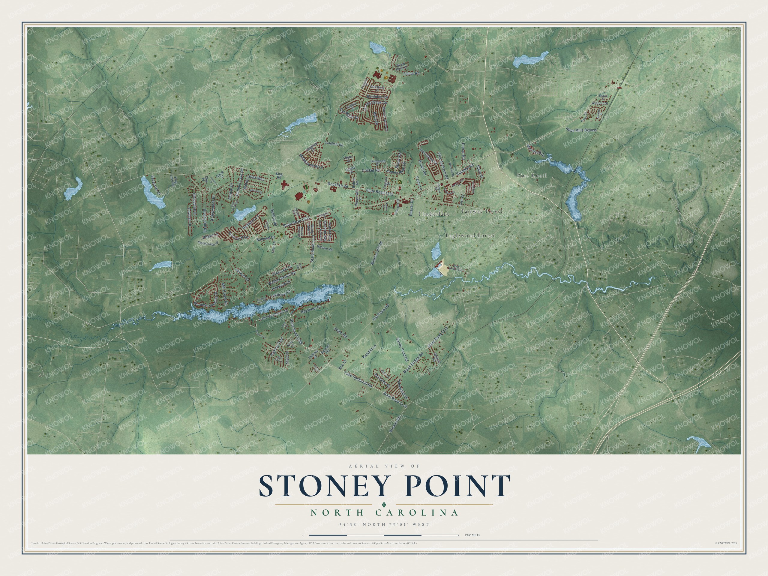 Full map of Stoney Point, North Carolina, with red buildings, printed street names and the land around them