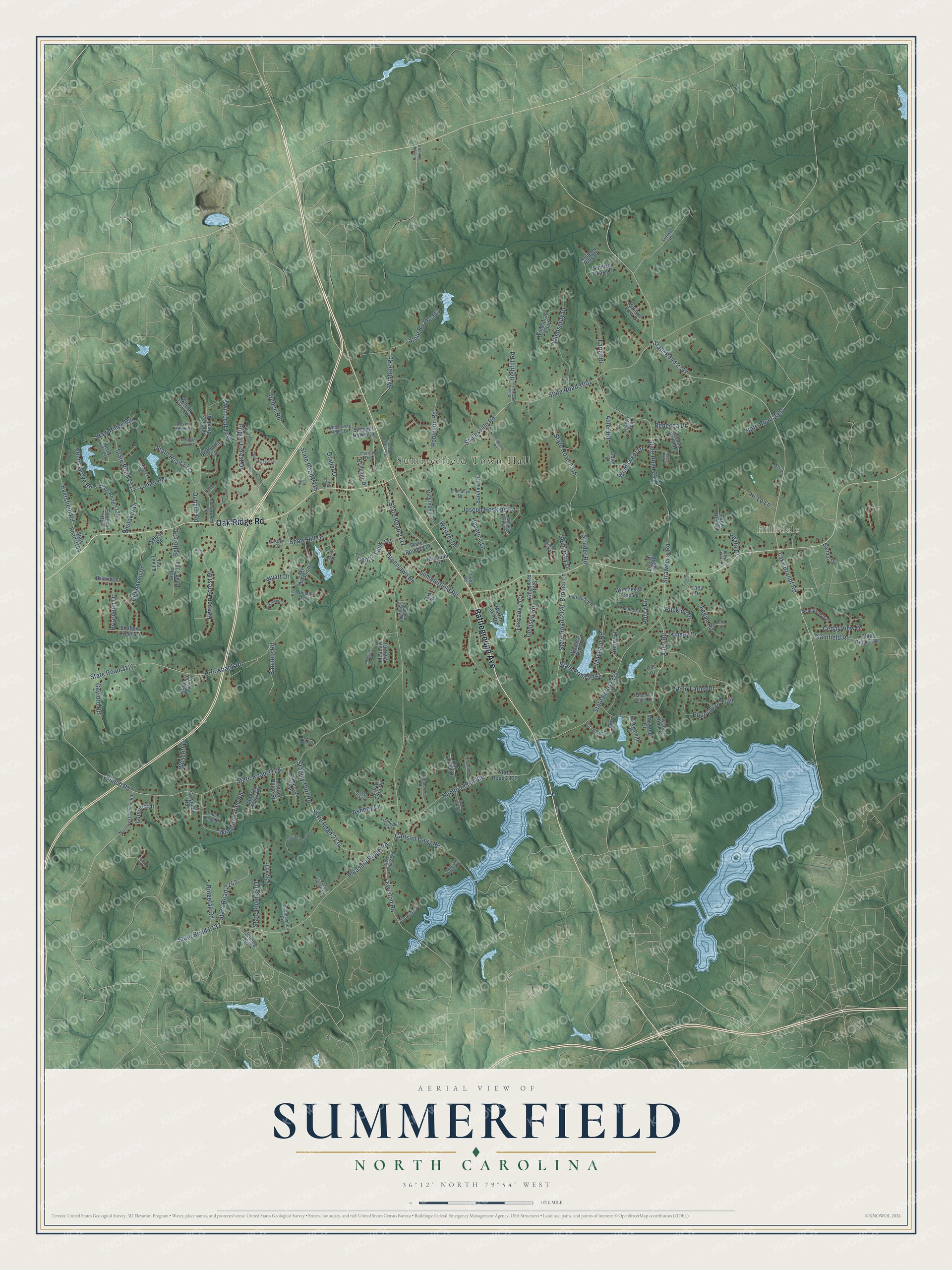 Full map of Summerfield, North Carolina, with red buildings, printed street names and the land around them