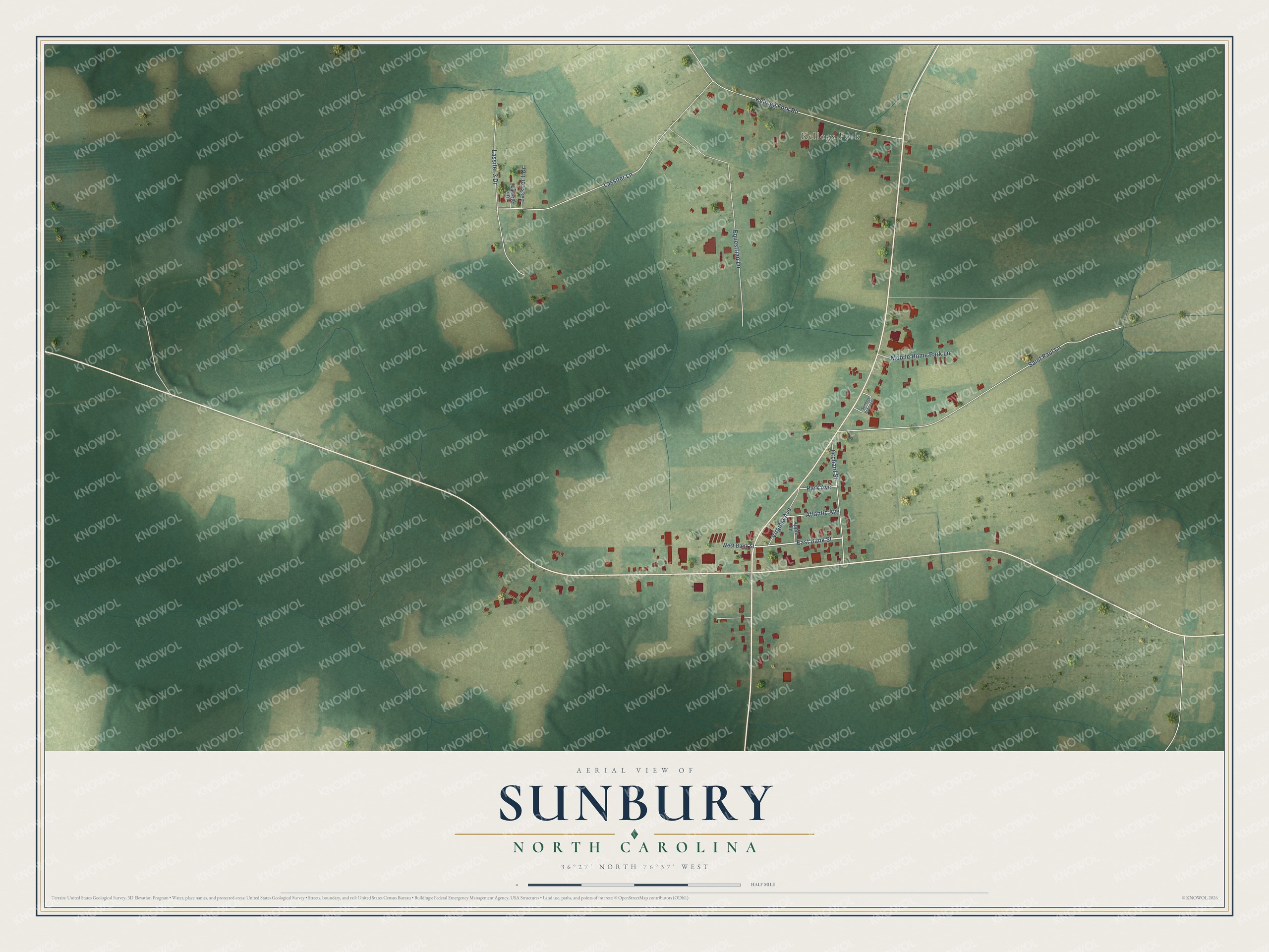 Full map of Sunbury, North Carolina, with red buildings, printed street names and the land around them