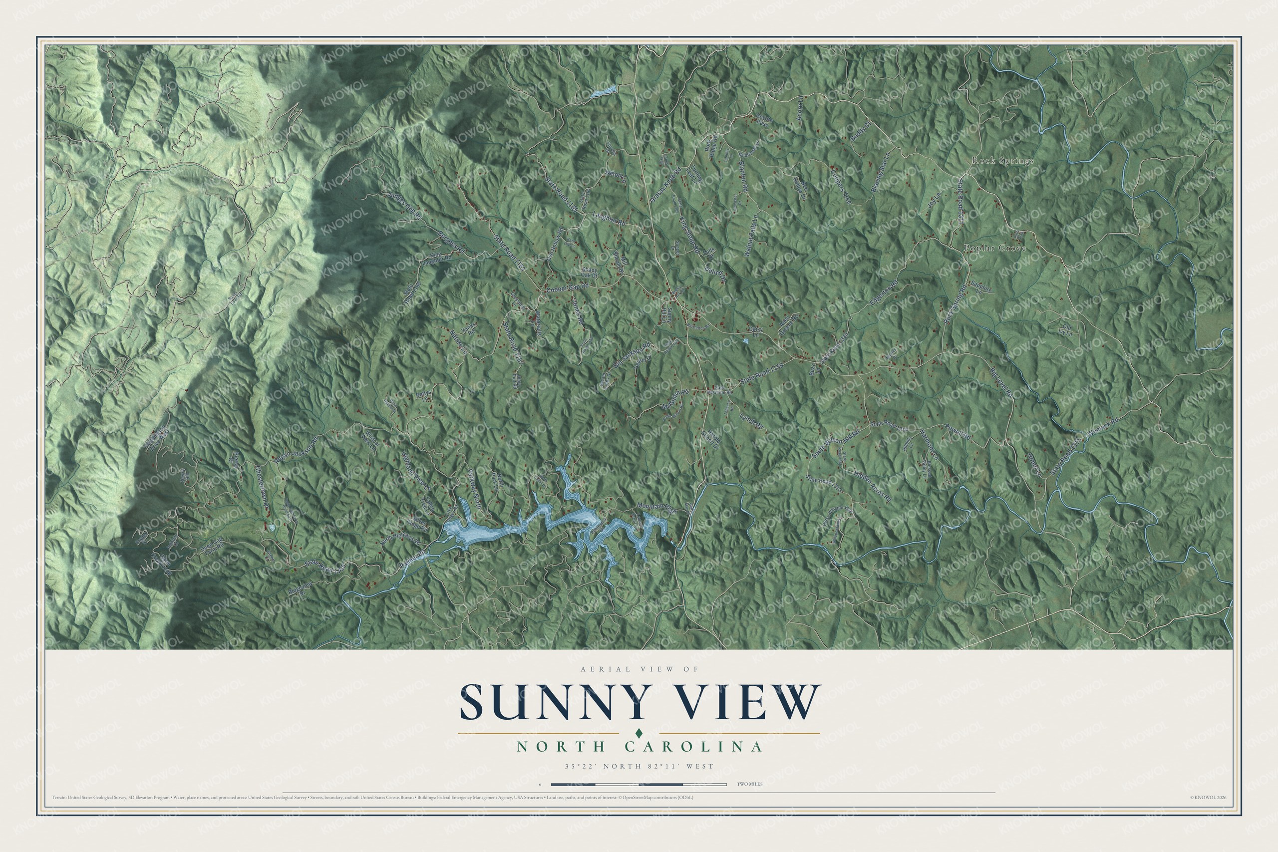 Full map of Sunny View, North Carolina, with red buildings, printed street names and the land around them