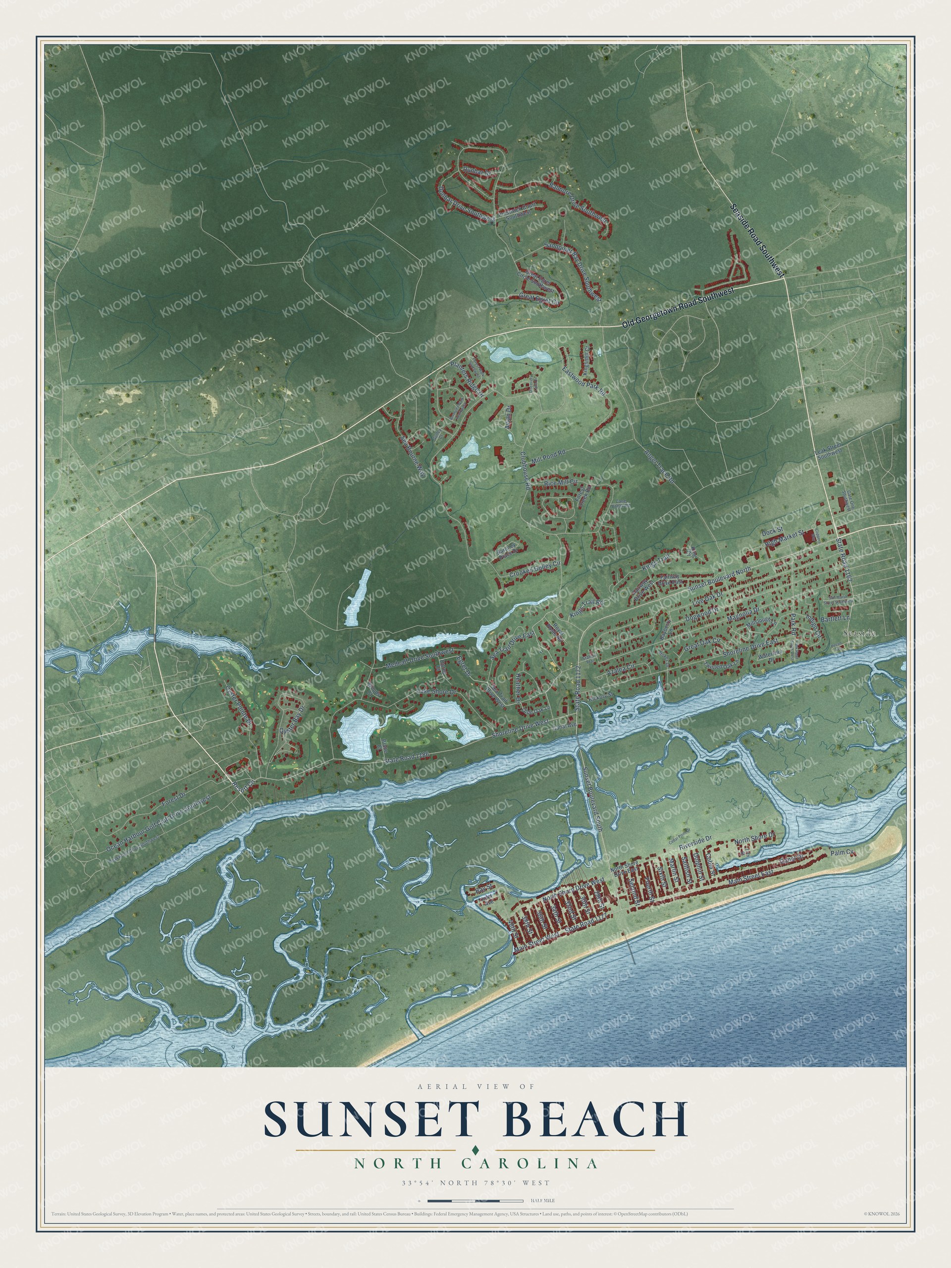 Full map of Sunset Beach, North Carolina, with red buildings, printed street names and the land around them