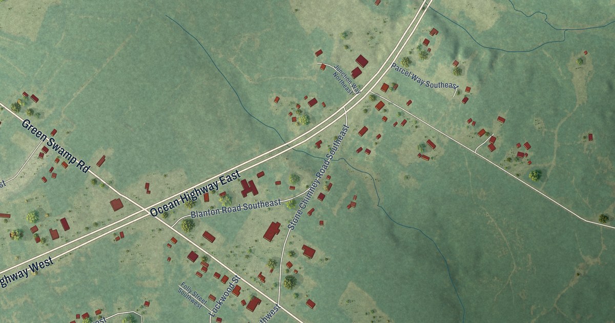 Close-up of streets and buildings in Supply, North Carolina