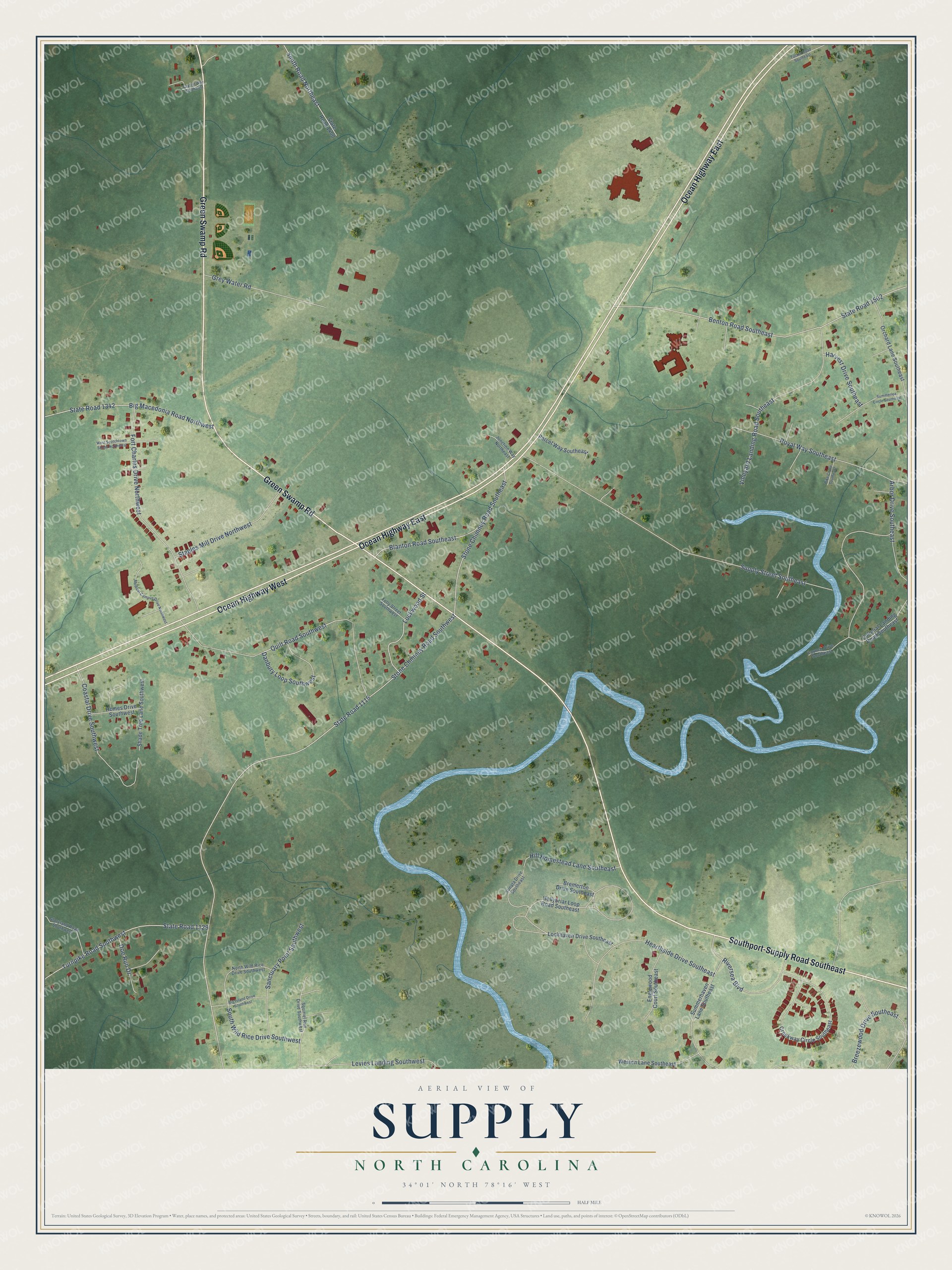 Full map of Supply, North Carolina, with red buildings, printed street names and the land around them