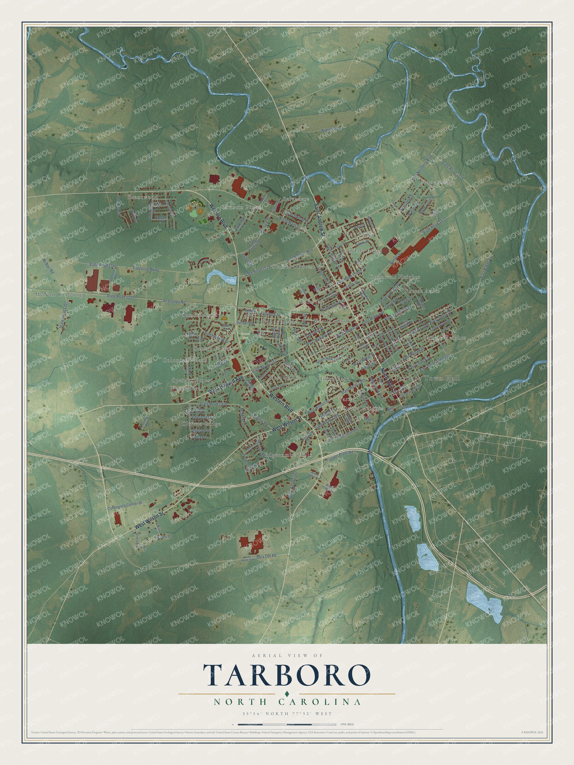 Full map of Tarboro, North Carolina, with red buildings, printed street names and the land around them