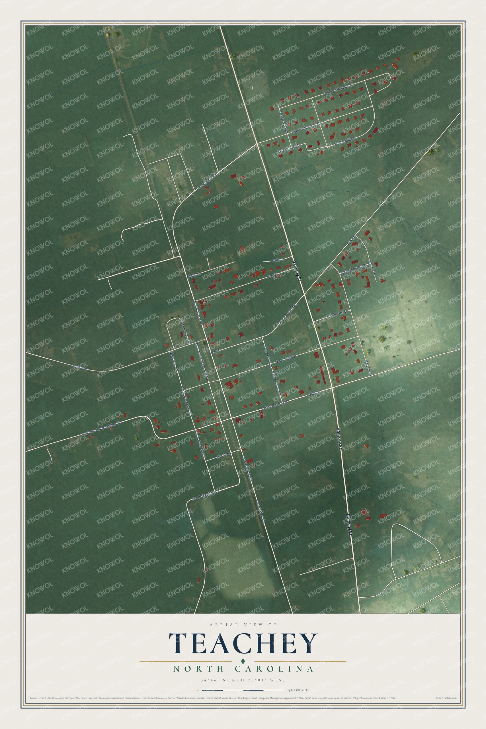 Full map of Teachey, North Carolina, with red buildings, printed street names and the land around them
