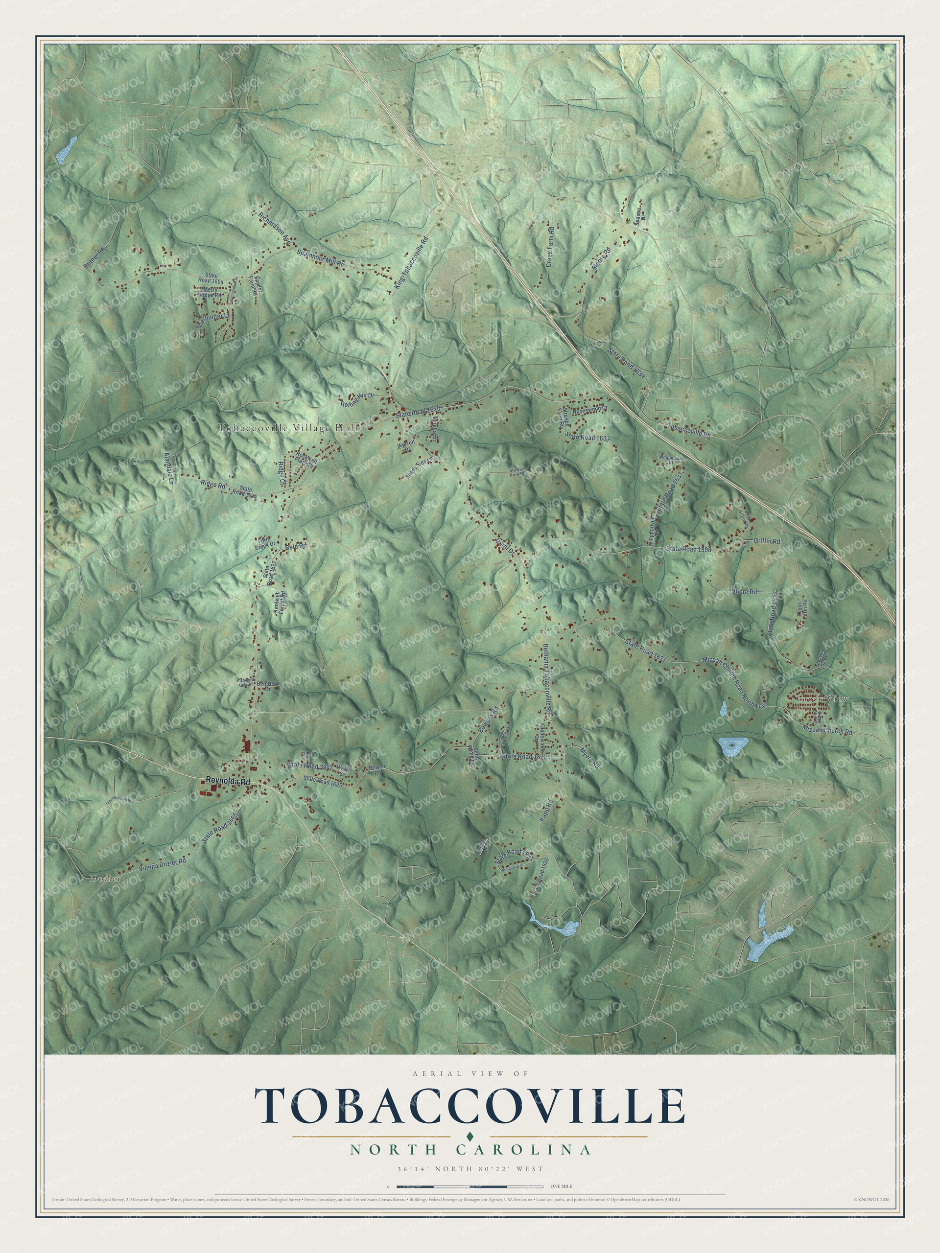 Full map of Tobaccoville, North Carolina, with red buildings, printed street names and the land around them