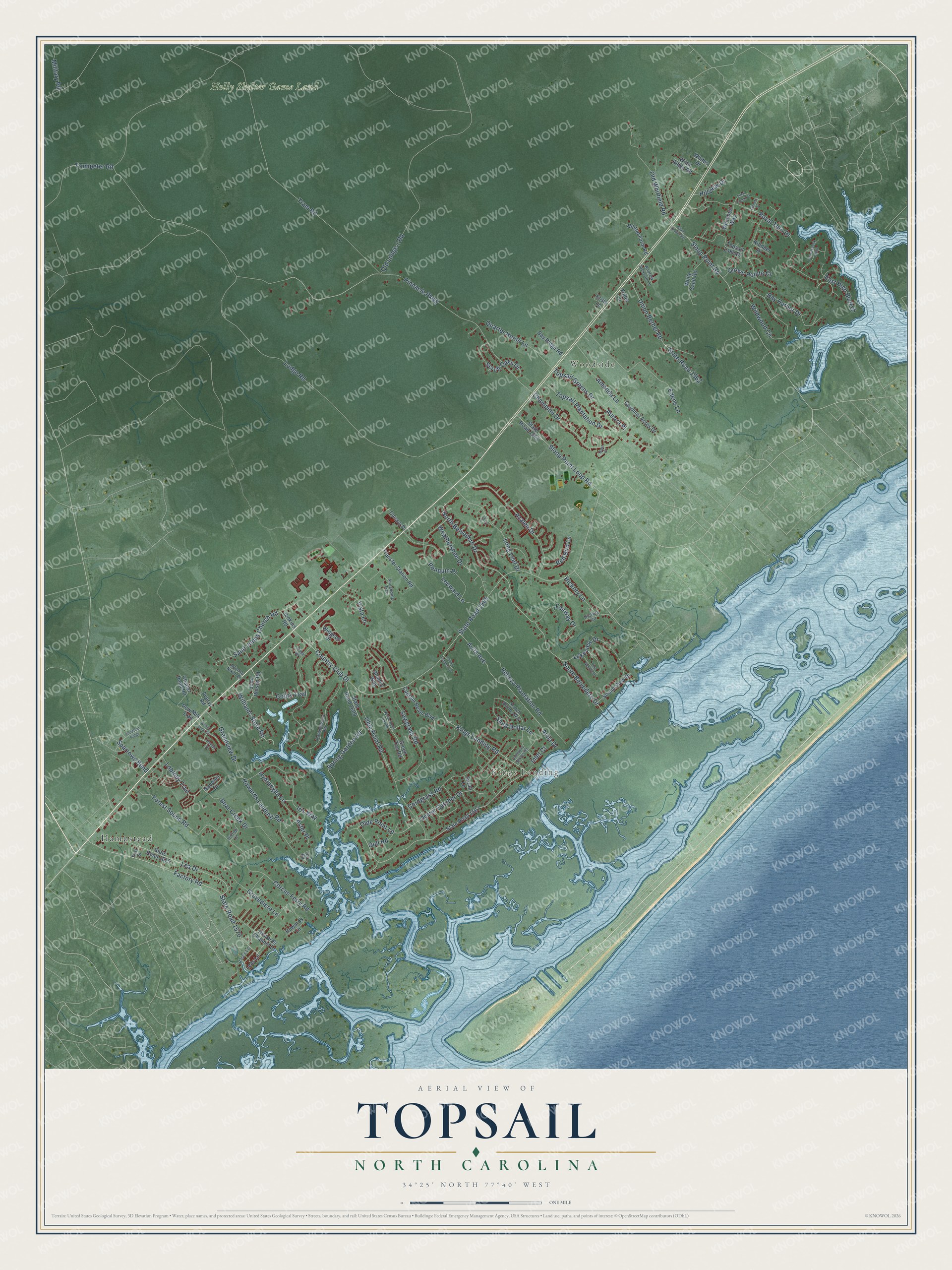 Full map of Topsail, North Carolina, with red buildings, printed street names and the land around them