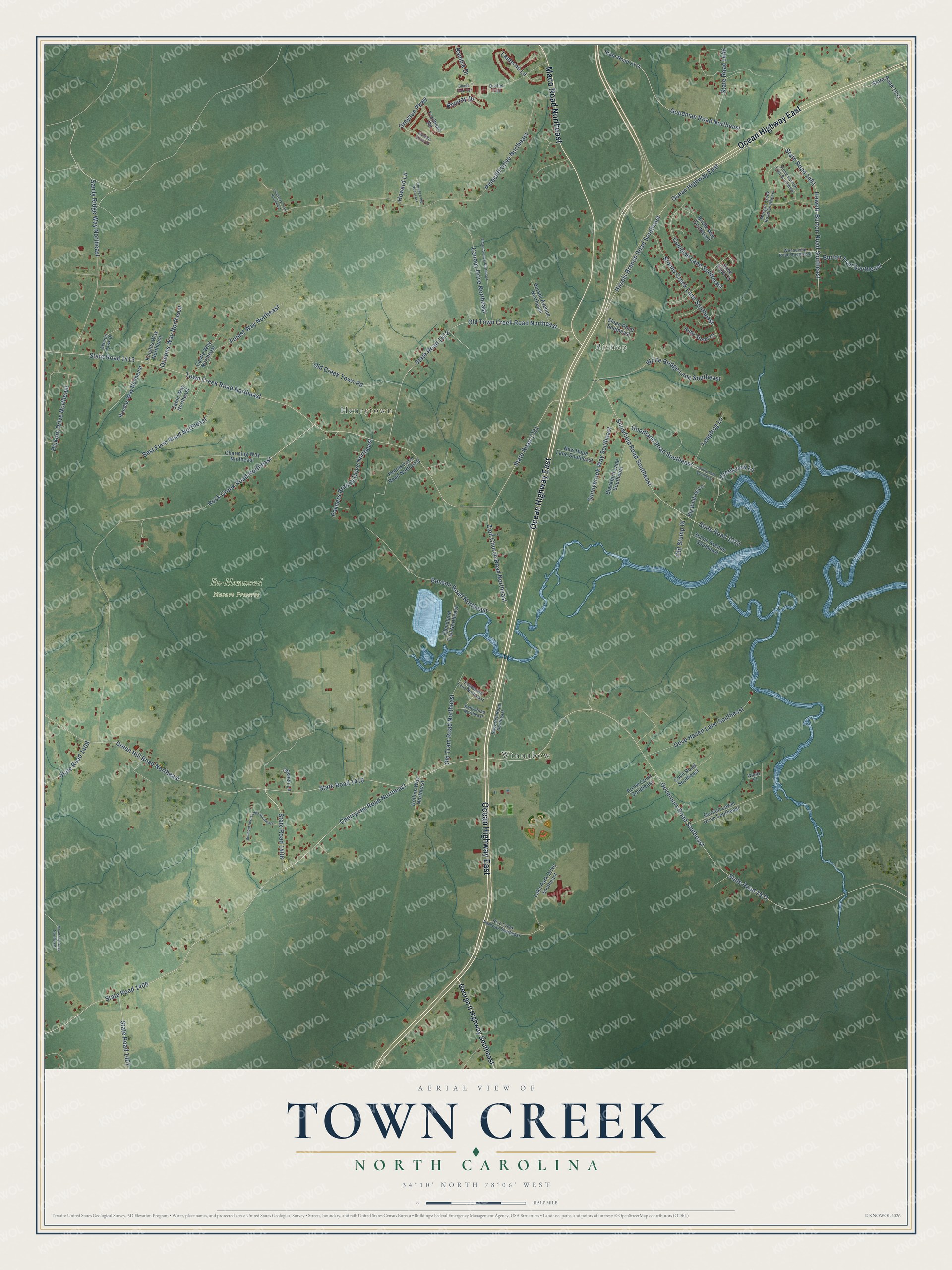 Full map of Town Creek, North Carolina, with red buildings, printed street names and the land around them