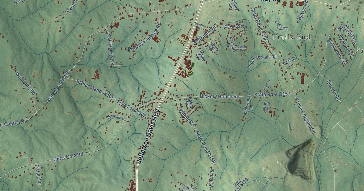 Close-up of streets and buildings in Tramway, North Carolina