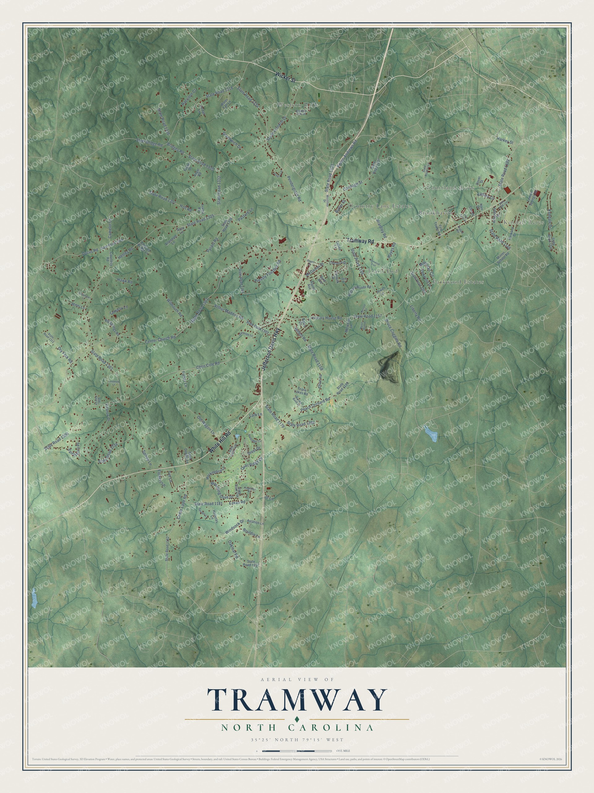 Full map of Tramway, North Carolina, with red buildings, printed street names and the land around them