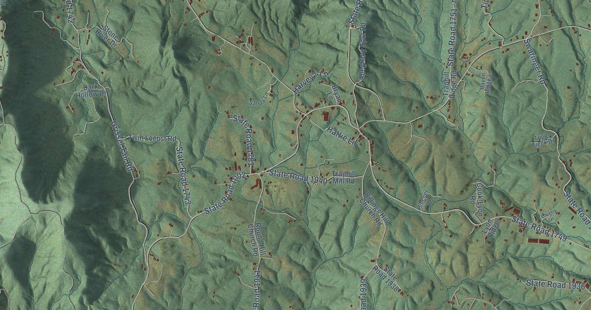 Close-up of streets and buildings in Traphill, North Carolina