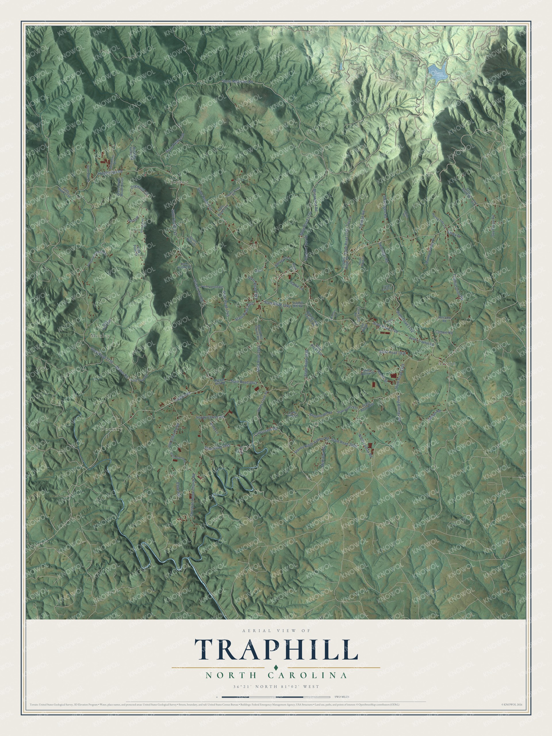 Full map of Traphill, North Carolina, with red buildings, printed street names and the land around them