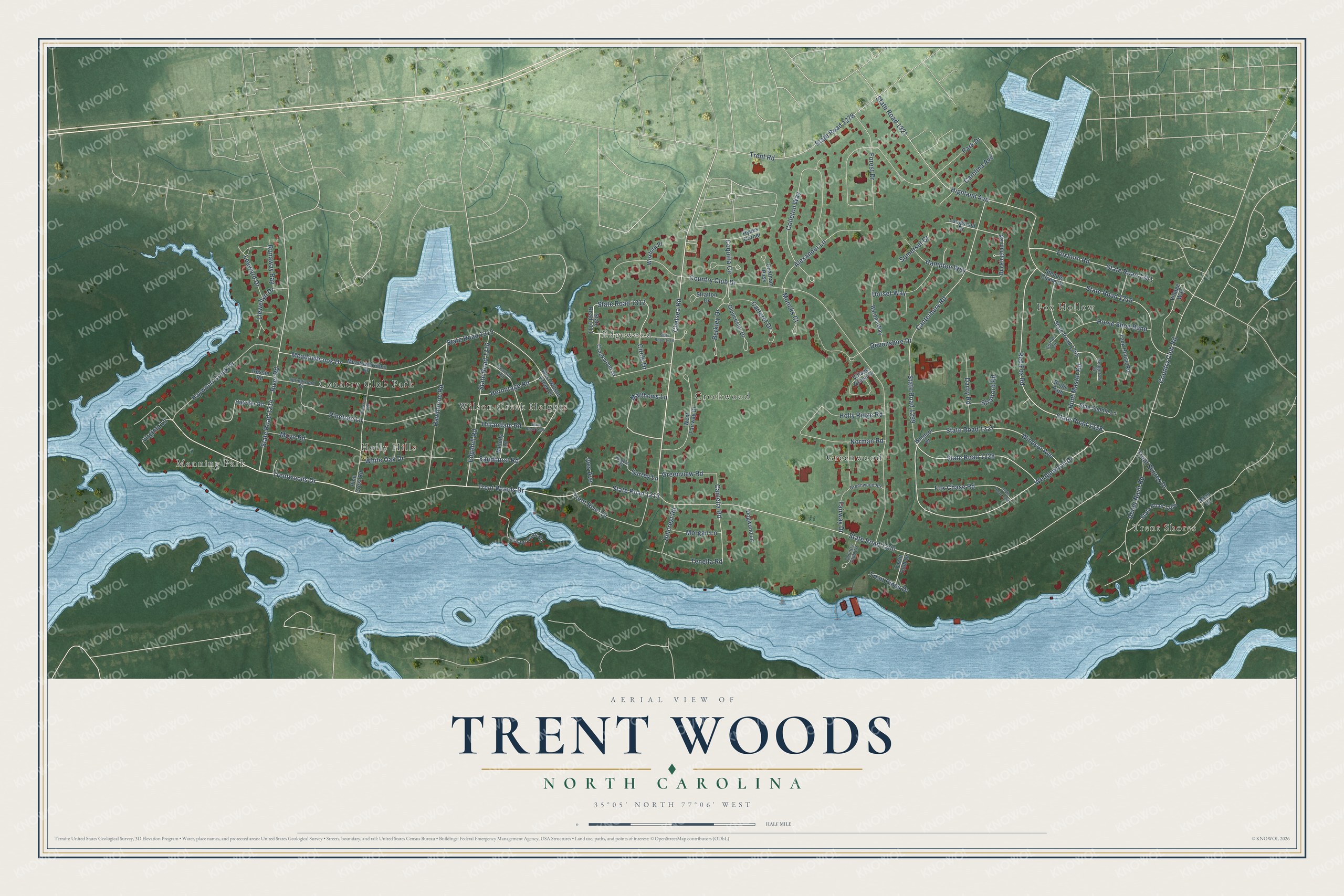 Watermarked full-map preview of Trent Woods, North Carolina