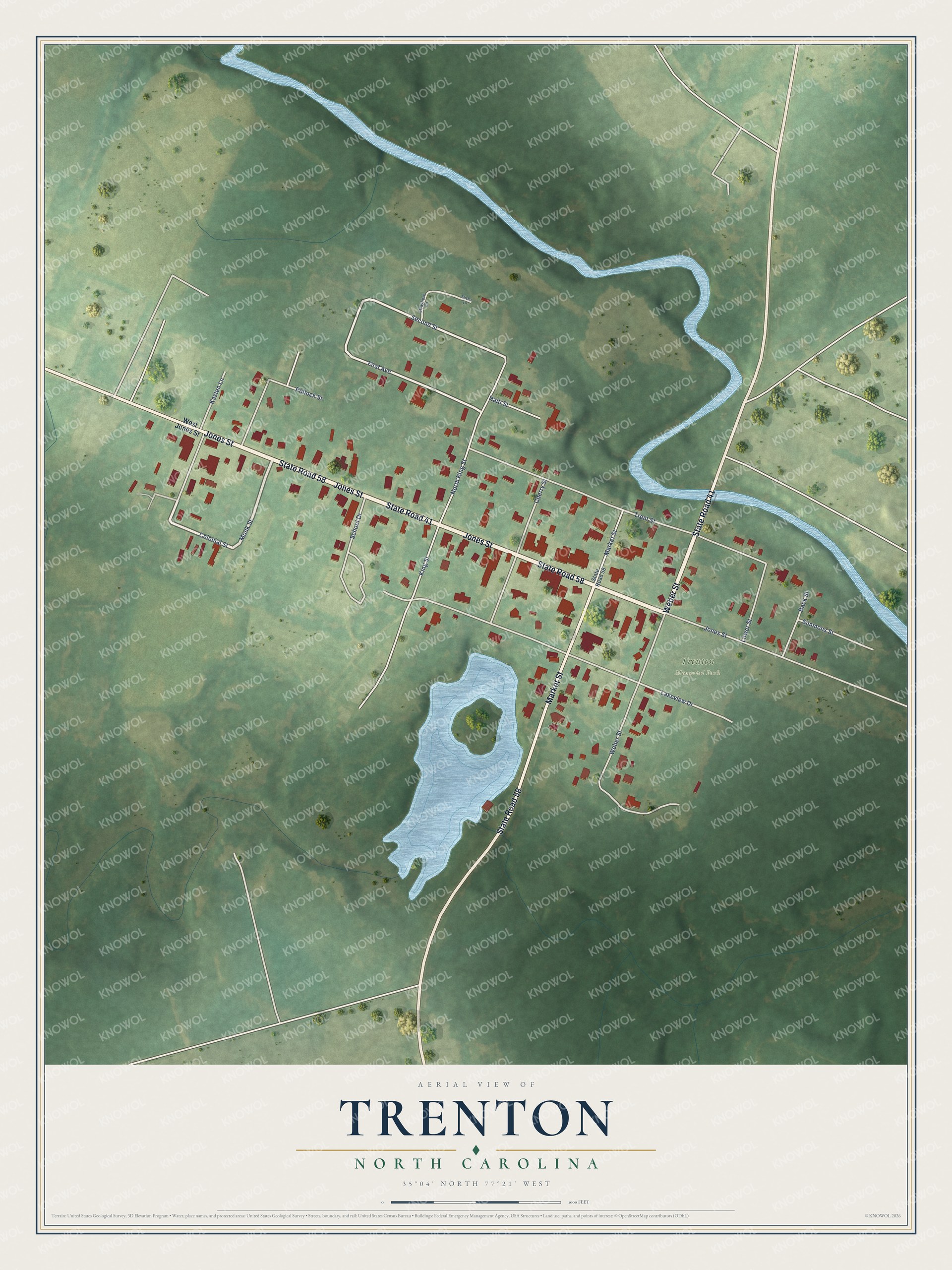 Full map of Trenton, North Carolina, with red buildings, printed street names and the land around them