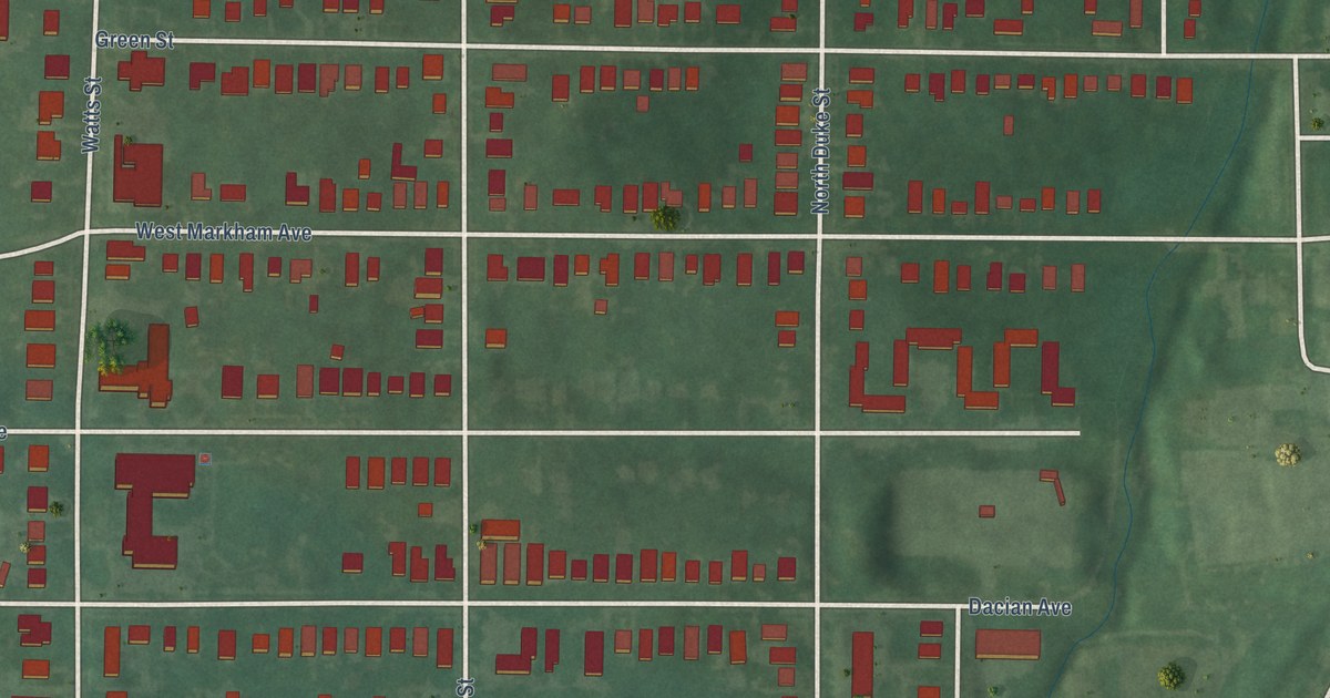 Close-up of streets and buildings in Trinity Park, North Carolina