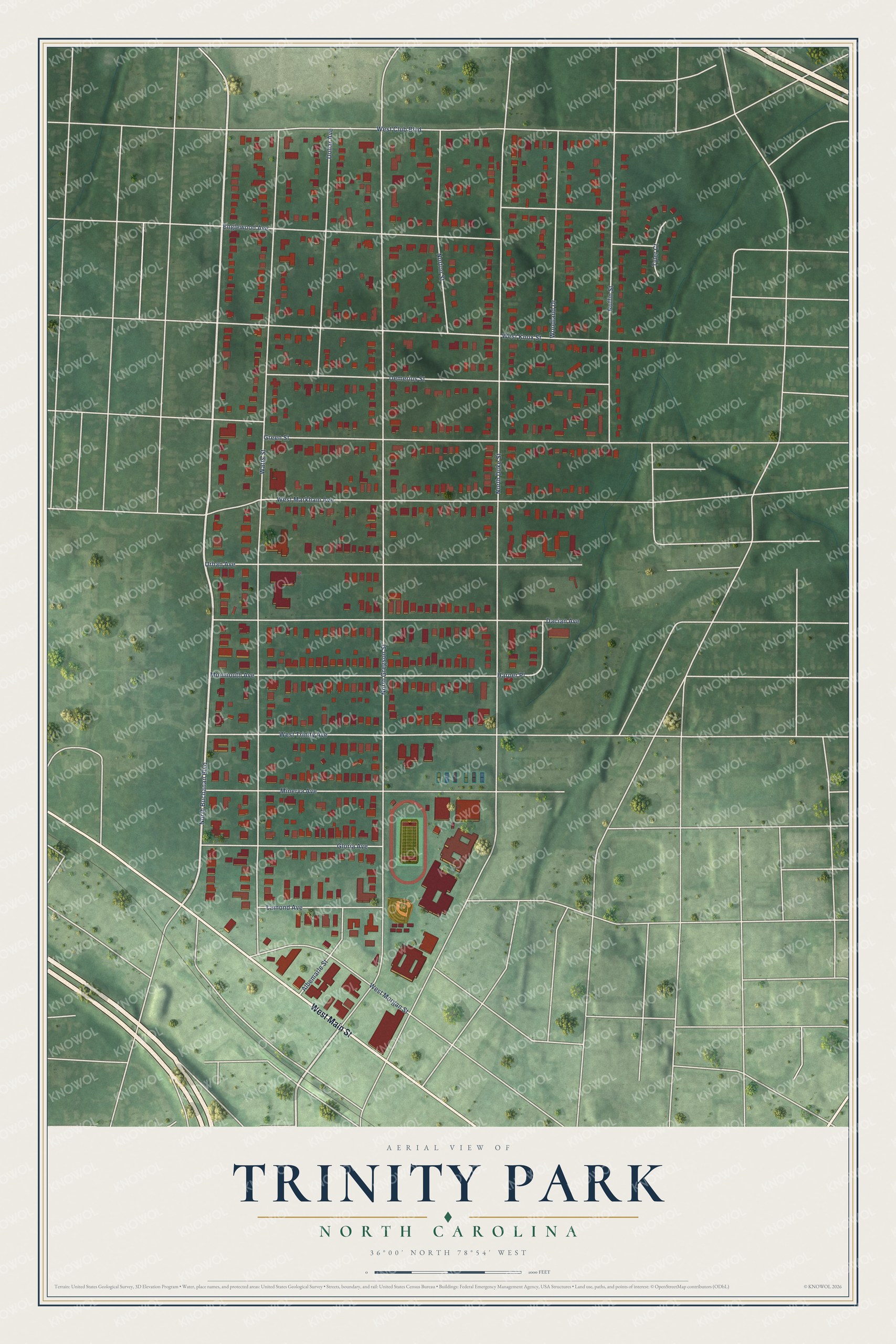 Full map of Trinity Park, North Carolina, with red buildings, printed street names and the land around them
