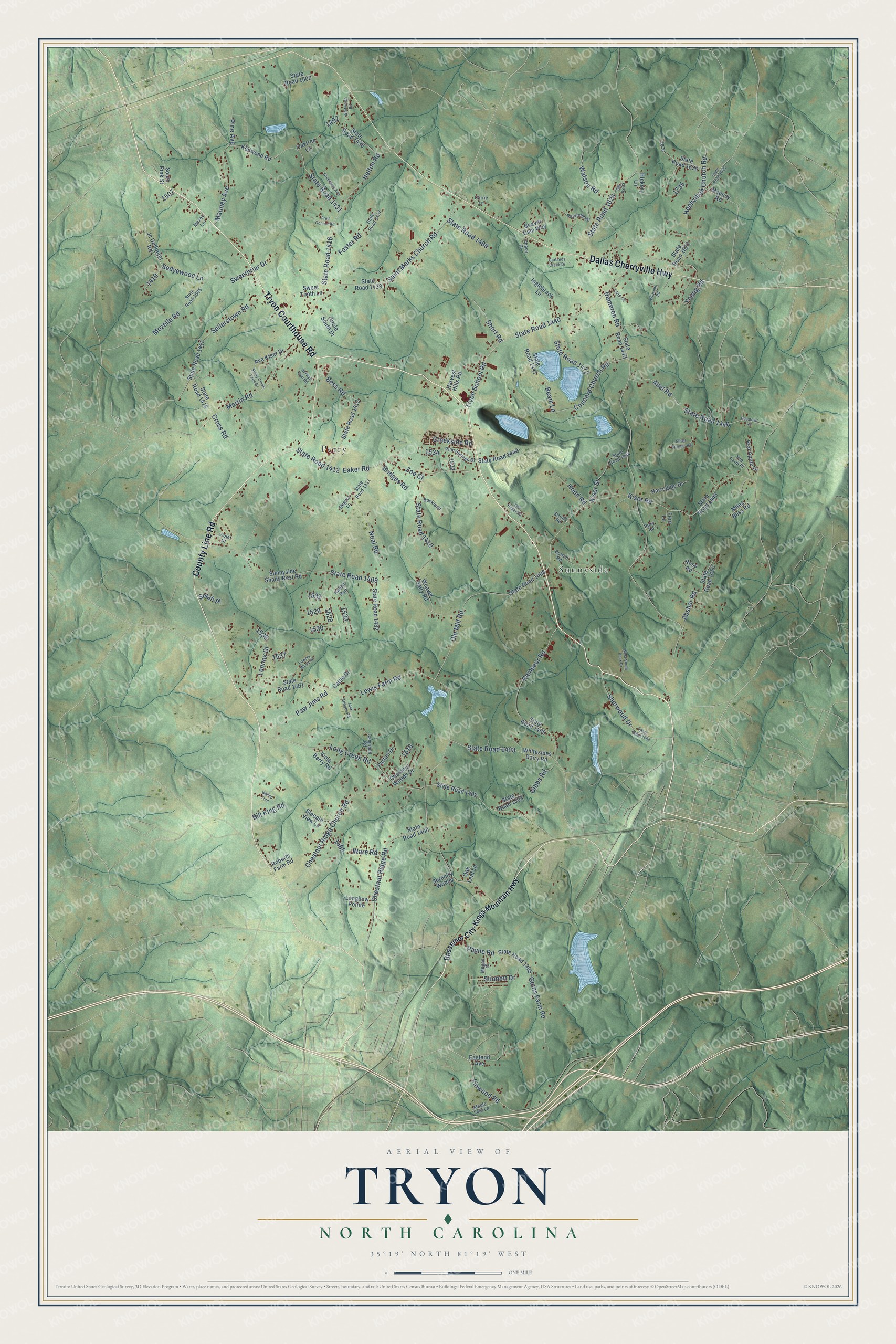 Full map of Tryon, North Carolina, with red buildings, printed street names and the land around them