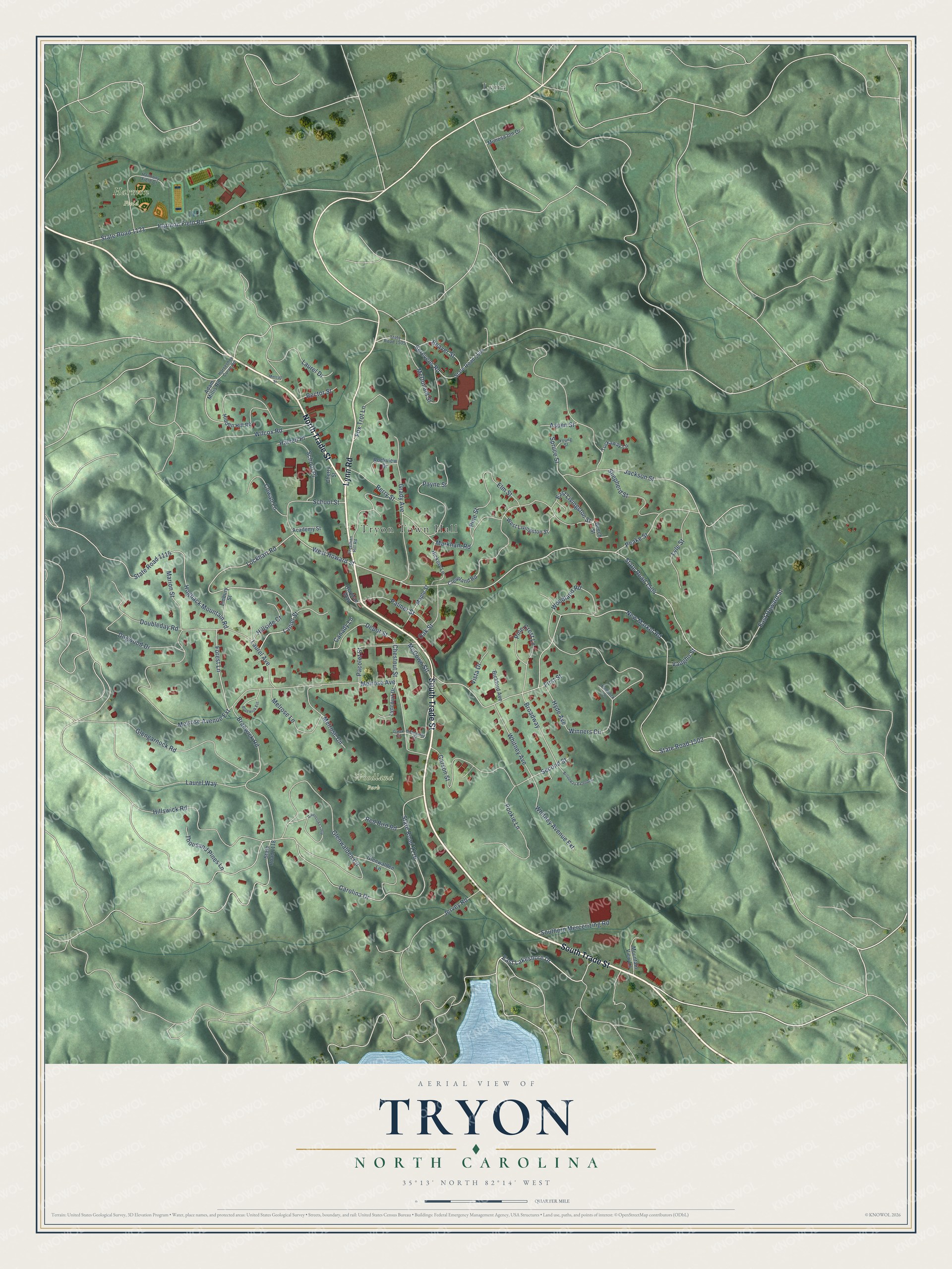 Full map of Tryon, North Carolina, with red buildings, printed street names and the land around them