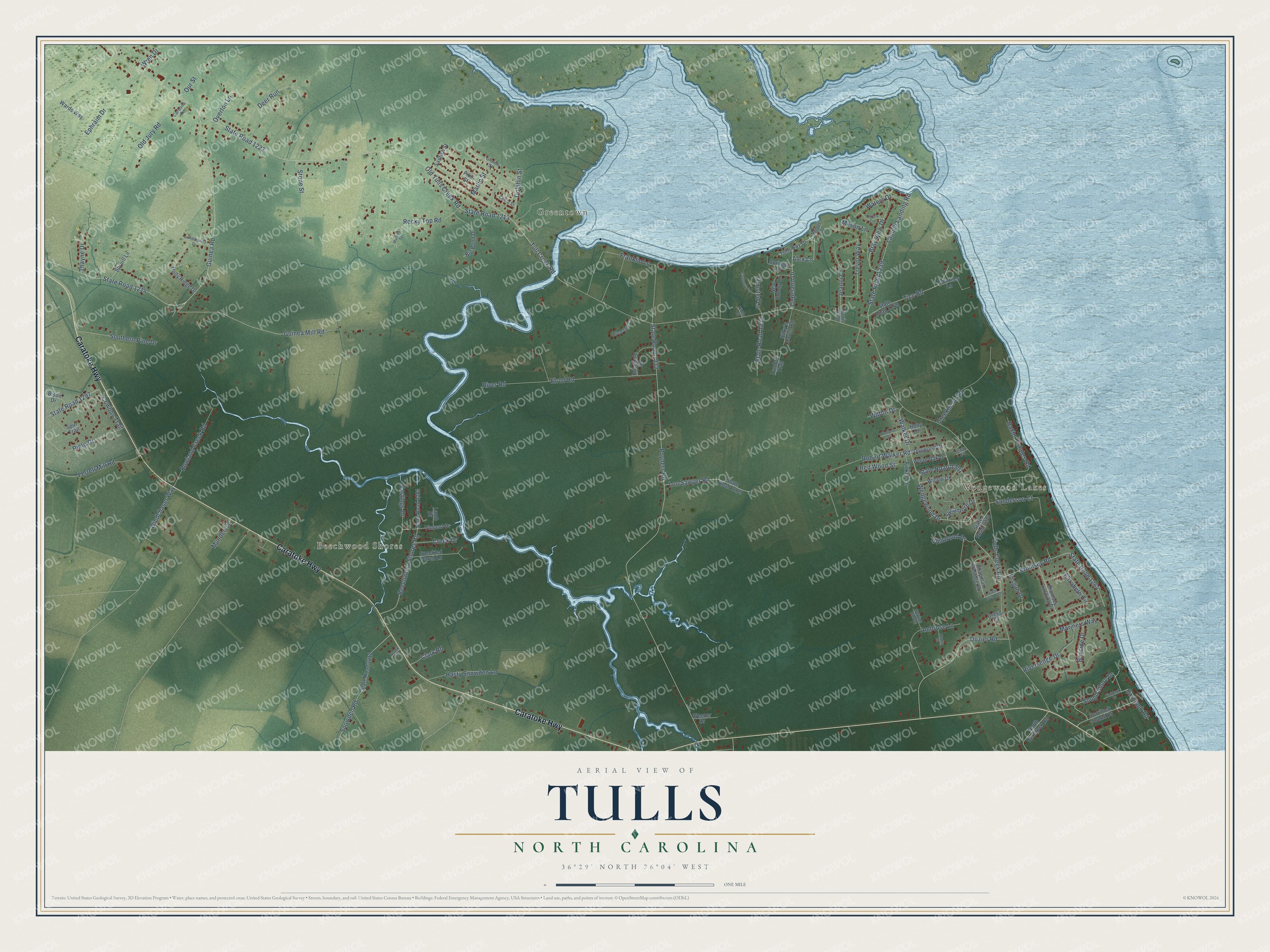 Full map of Tulls, North Carolina, with red buildings, printed street names and the land around them