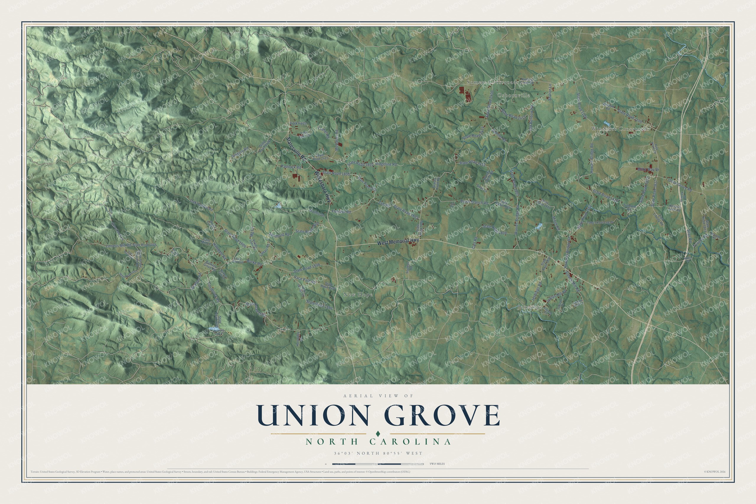 Full map of Union Grove, North Carolina, with red buildings, printed street names and the land around them