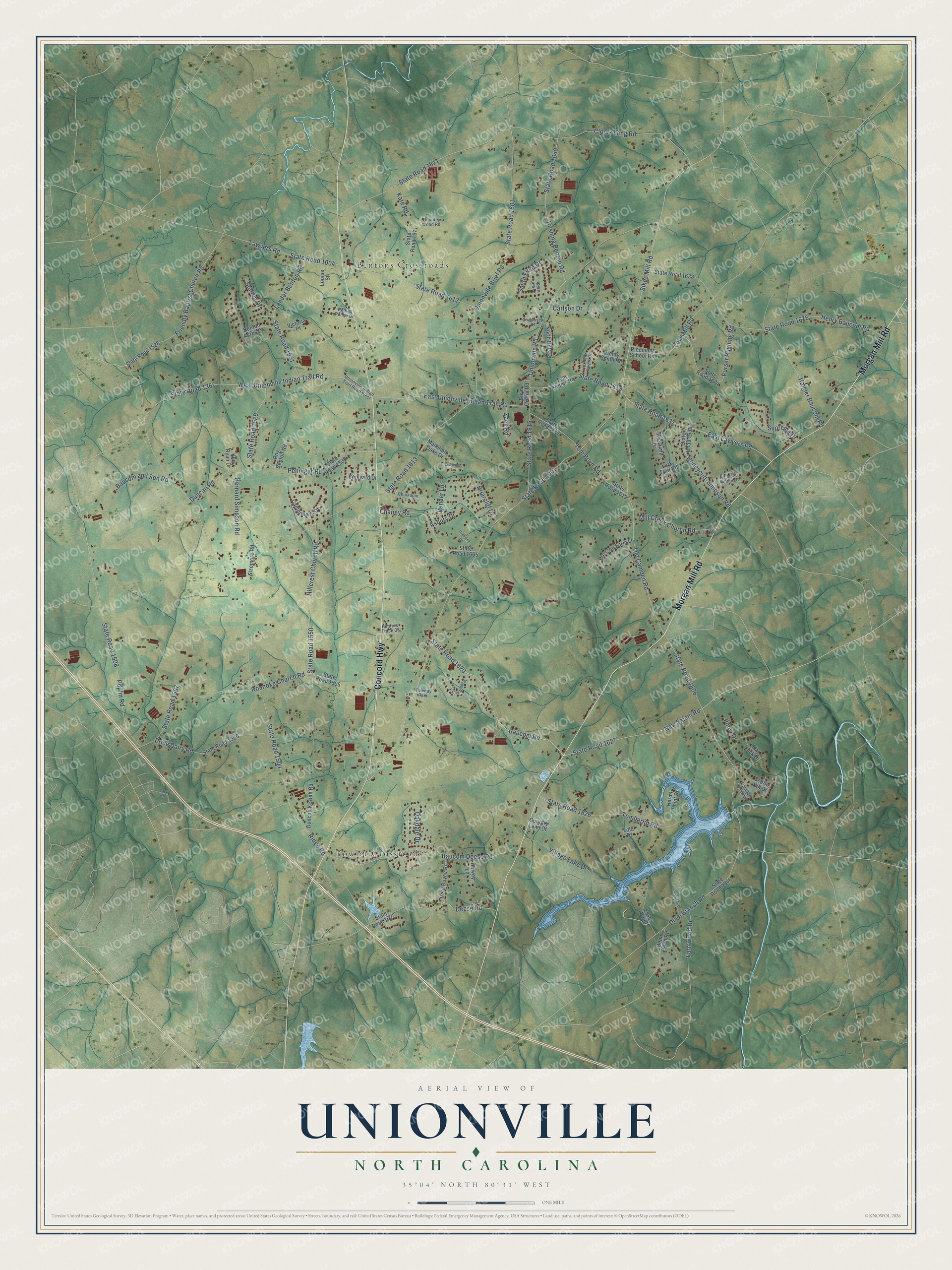 Full map of Unionville, North Carolina, with red buildings, printed street names and the land around them
