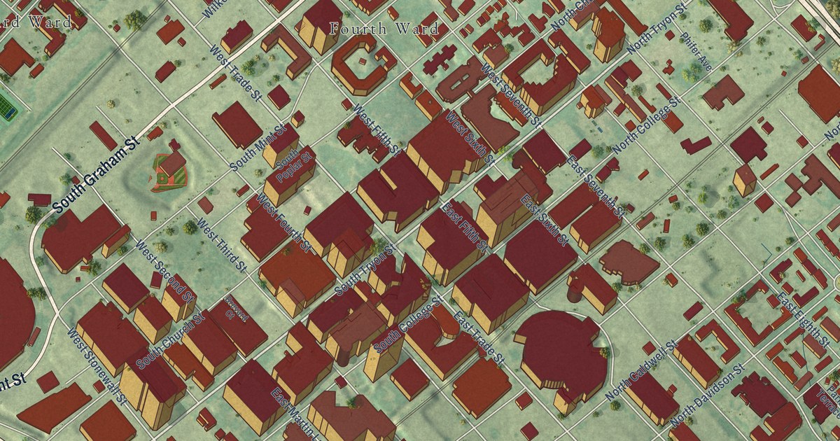 Close-up of streets and buildings in Uptown, North Carolina