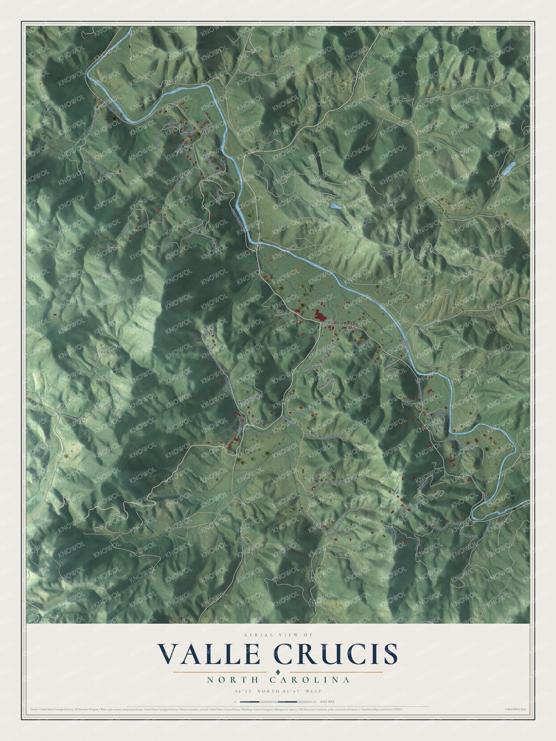 Full map of Valle Crucis, North Carolina, with red buildings, printed street names and the land around them