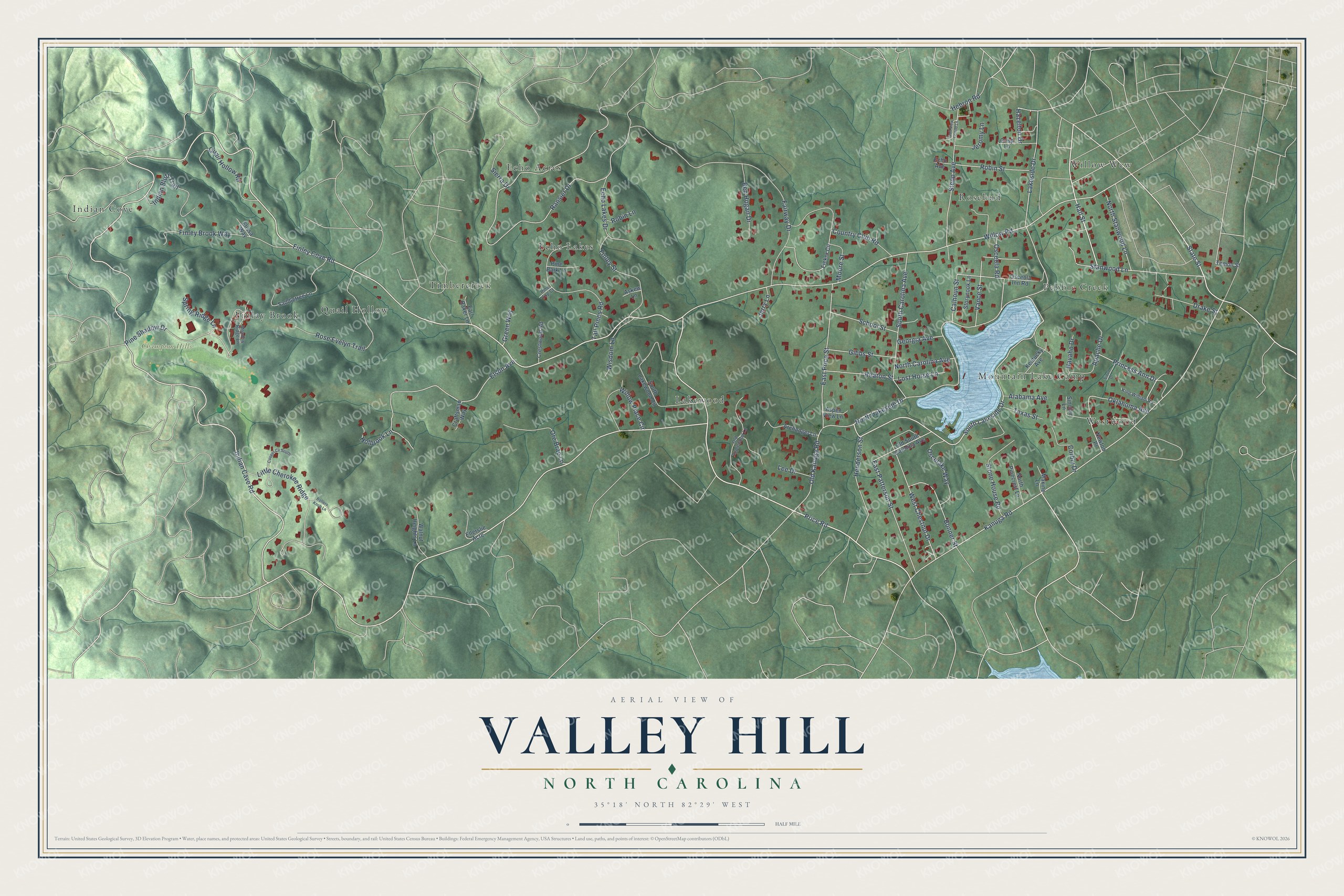 Full map of Valley Hill, North Carolina, with red buildings, printed street names and the land around them