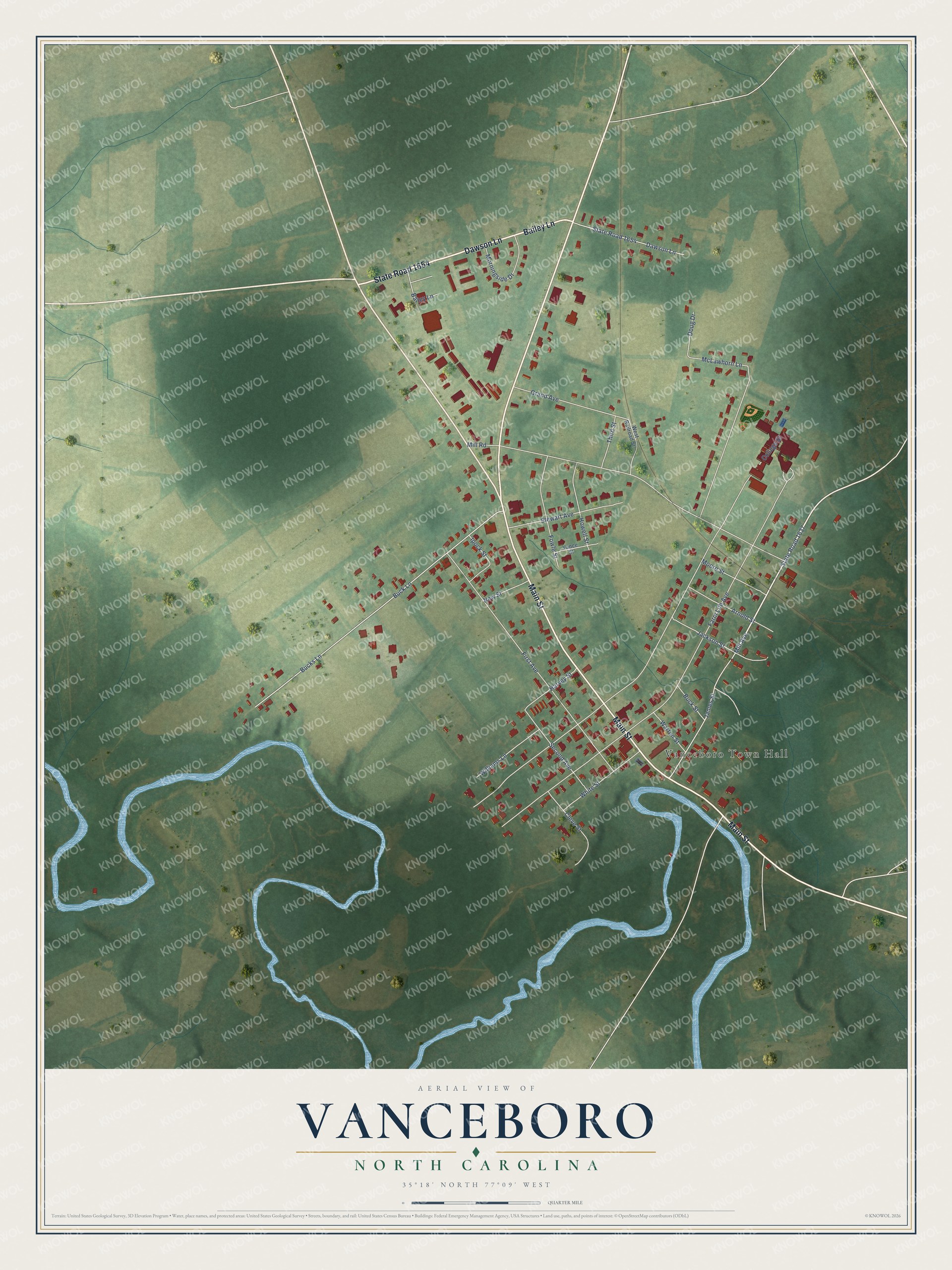 Full map of Vanceboro, North Carolina, with red buildings, printed street names and the land around them