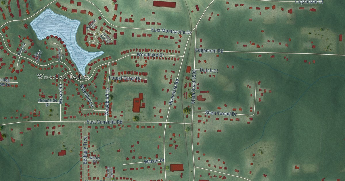 Close-up of streets and buildings in Vandalia, North Carolina