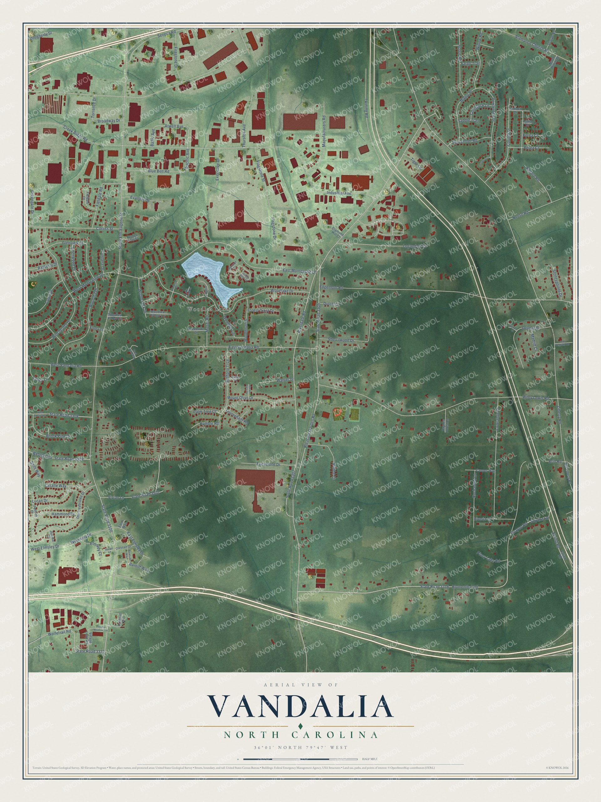 Full map of Vandalia, North Carolina, with red buildings, printed street names and the land around them