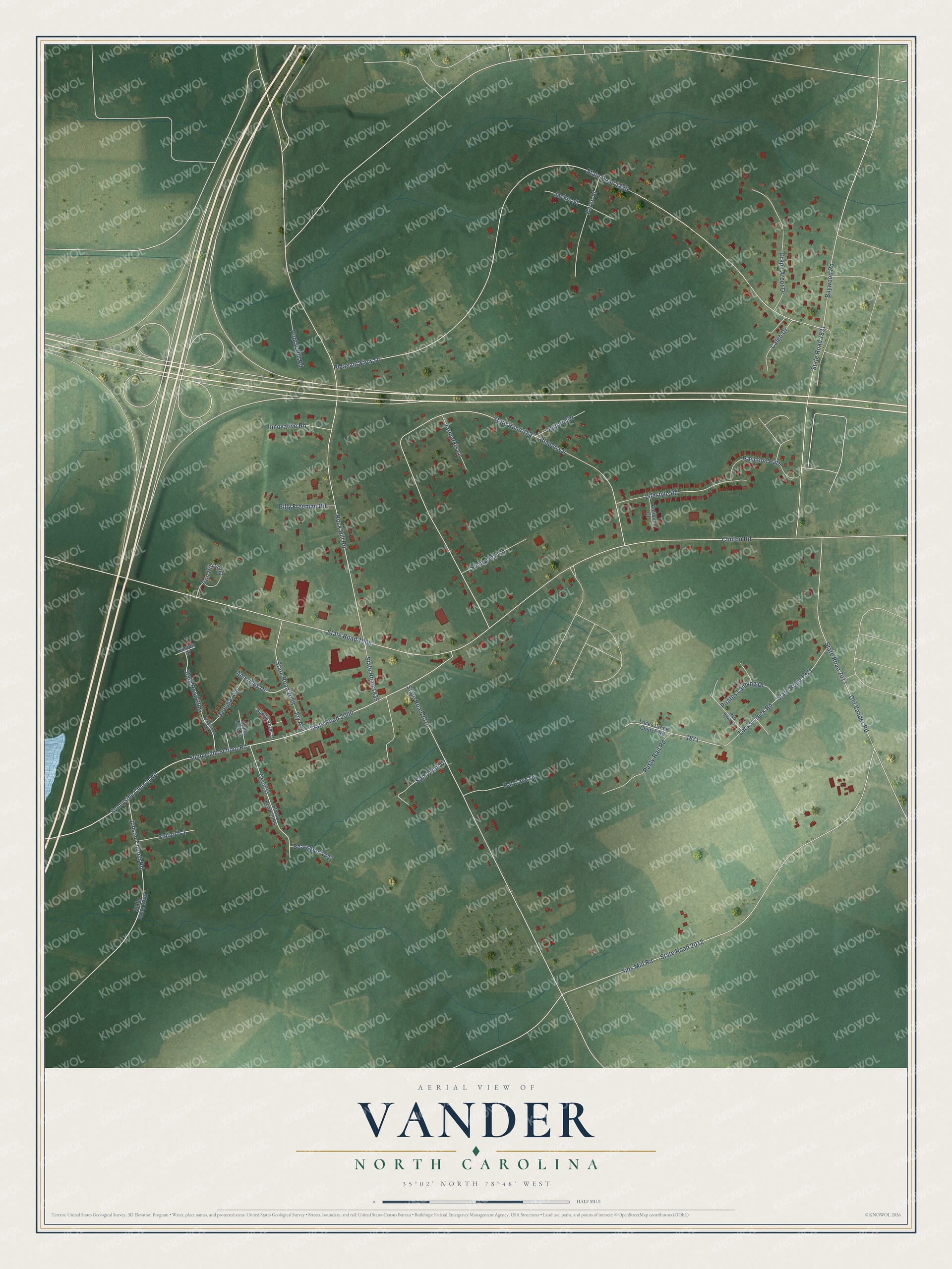 Full map of Vander, North Carolina, with red buildings, printed street names and the land around them