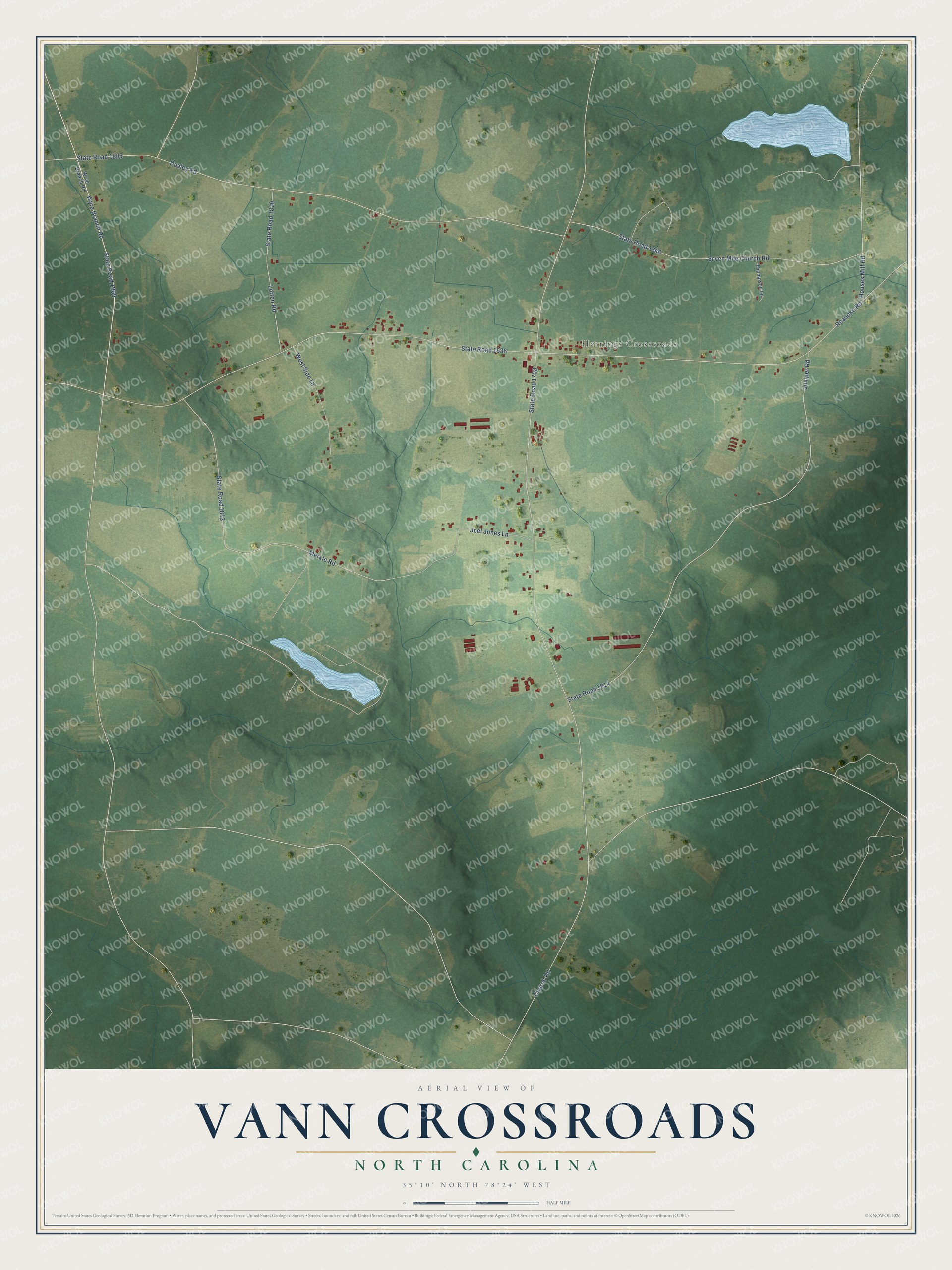Full map of Vann Crossroads, North Carolina, with red buildings, printed street names and the land around them