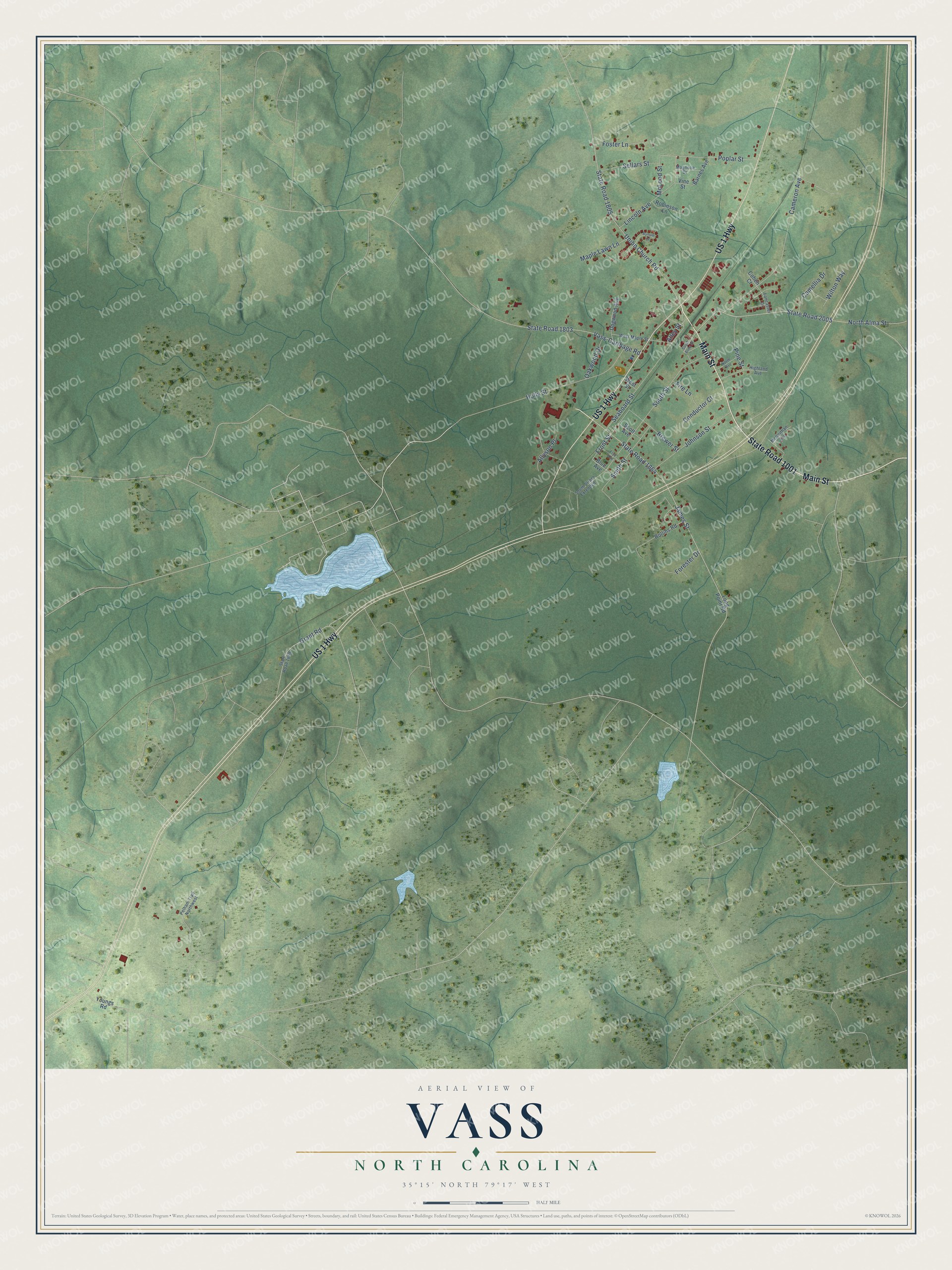 Full map of Vass, North Carolina, with red buildings, printed street names and the land around them