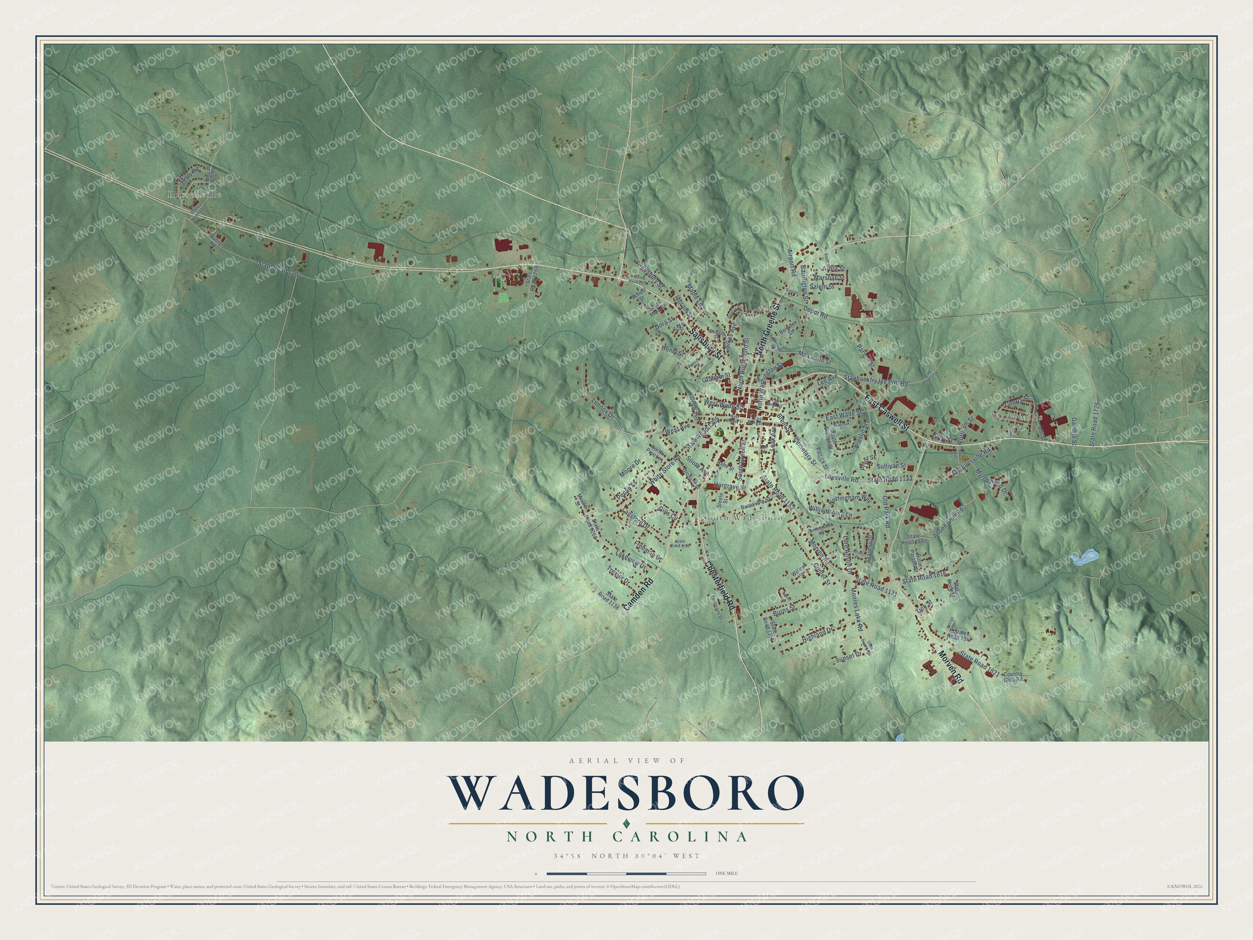 Full map of Wadesboro, North Carolina, with red buildings, printed street names and the land around them