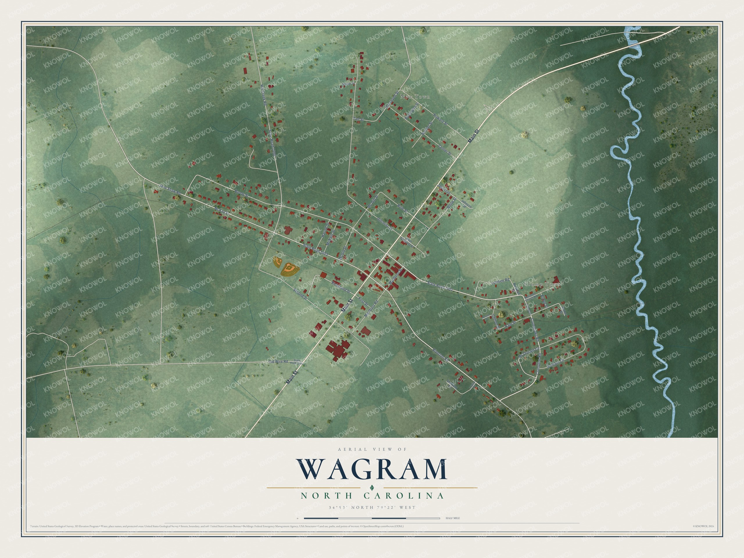 Full map of Wagram, North Carolina, with red buildings, printed street names and the land around them